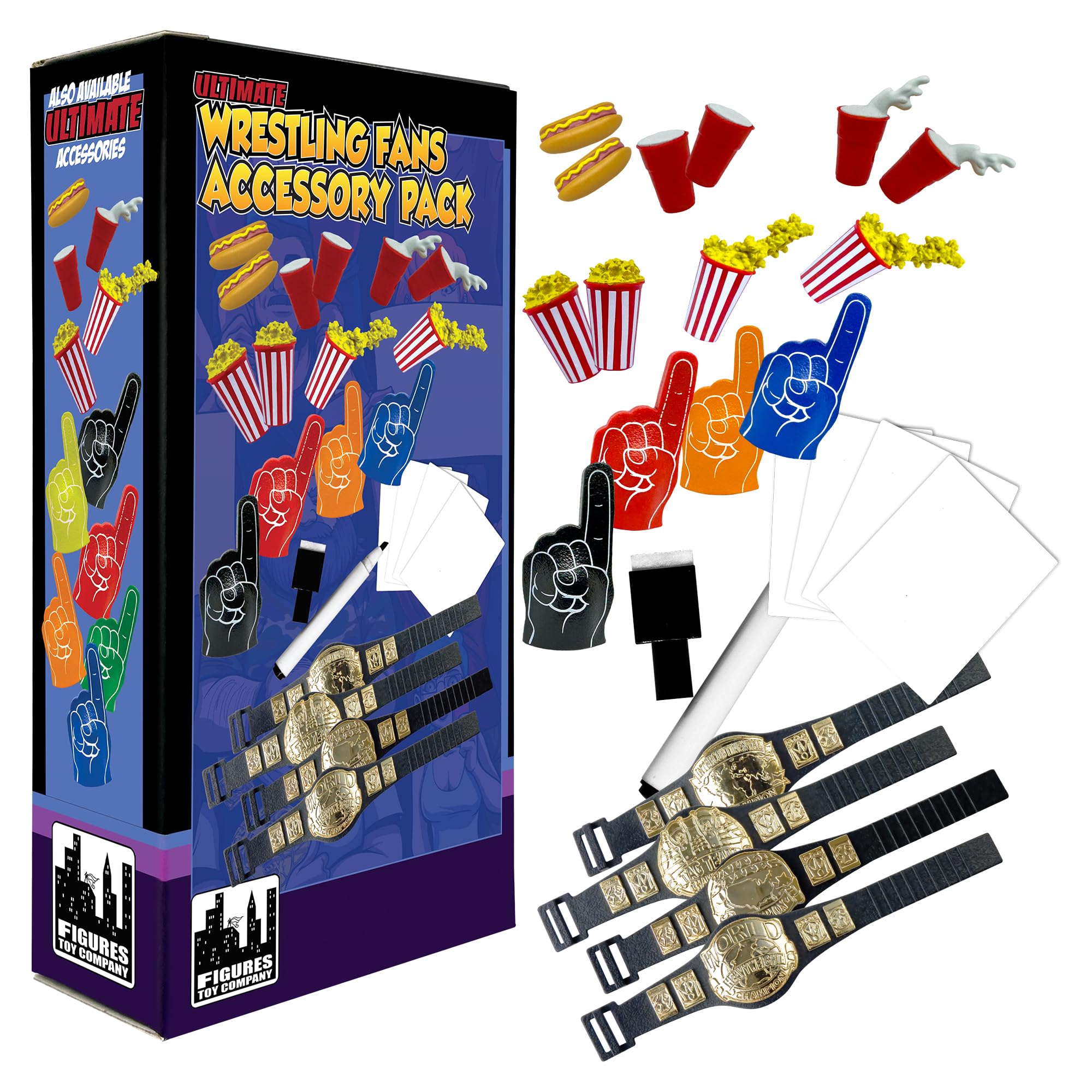 Ultimate Wrestling Crowd Fan Figures Accessory Pack | Energize Wrestling Crowds with 4 Foam Fingers, 4 Popcorn Buckets, 4 Cups, 2 Hot Dogs, 4 Signs and 4 Belts