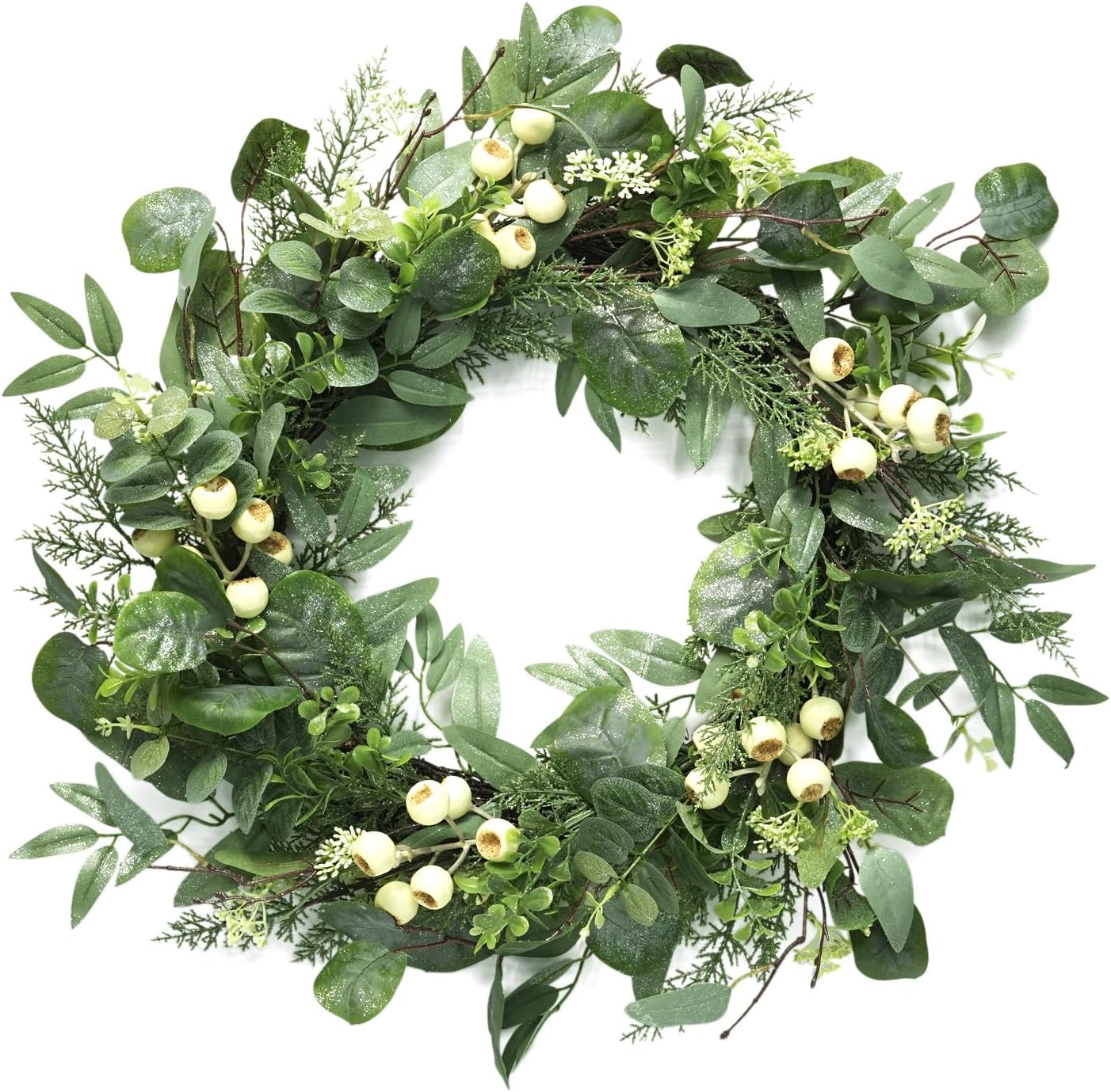 Artificial Eucalyptus Wreath with Glitter 24 Inch for Front Door, Green Spring Wreath with Big White Berries and Eucalyptus Leaves for Wedding Home Décor Outdoor décor