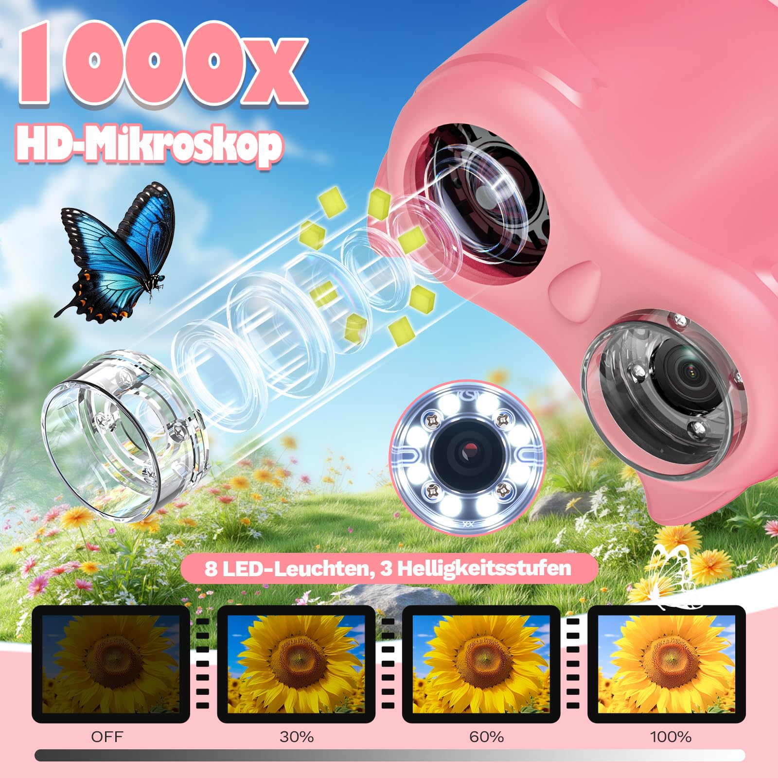 2-in-1 Digitales Mikroskop und Teleskop für Kinder, 1000x Tragbares Taschenmikroskop Kinder mit 2,0" HD Bildschirm, Fotofunktion und Funktionen des Teleskops für Geburtstagsgeschenk (Rosa)