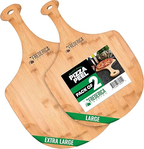 Vista 10 de Pala de madera de bambú prémium para pizza y tabla de cortar con mango (para hornear pizza, pan, cortar frutas, verduras, queso) – Tamaño personal