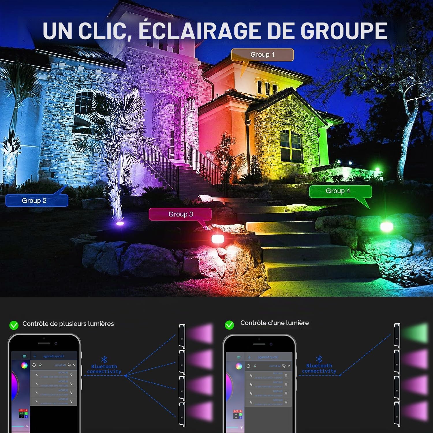 Projecteur LED RGB Exterieur 50W Projecteurs Led Exterieur IP66 Etanche Projecteur Leds Couleur 16 Couleurs 4 Modes avec APP Control Spot led extérieur Pour le Jardin, le Festival et Noël