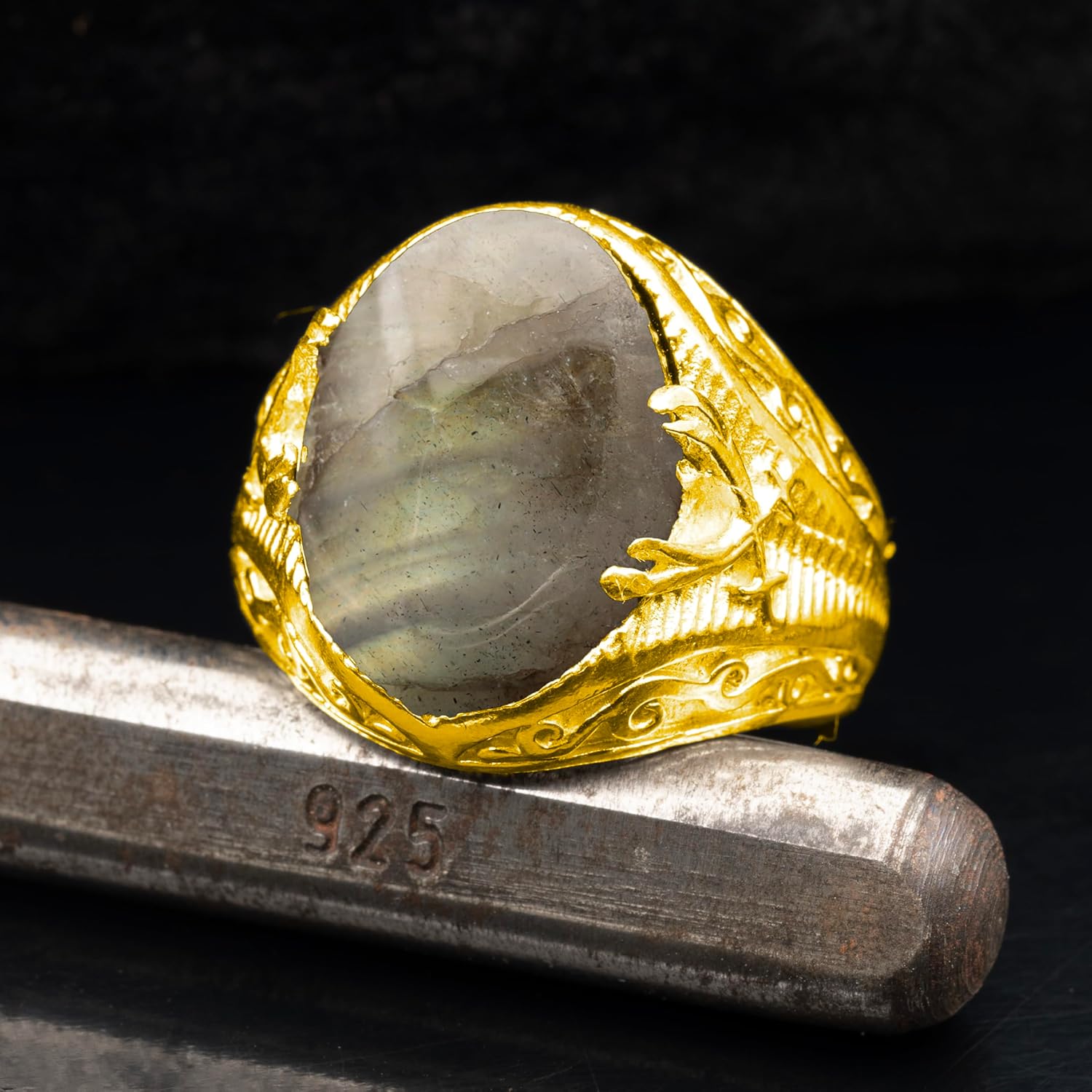Natural Crystal Ring Men's Sword Design 24K Gold Vermeil 925 Sterling Silver Oval Solitaire Gemstone Dainty Statement Healing Crystal Birthstone Luck Handmade Turkish Fine Jewelry