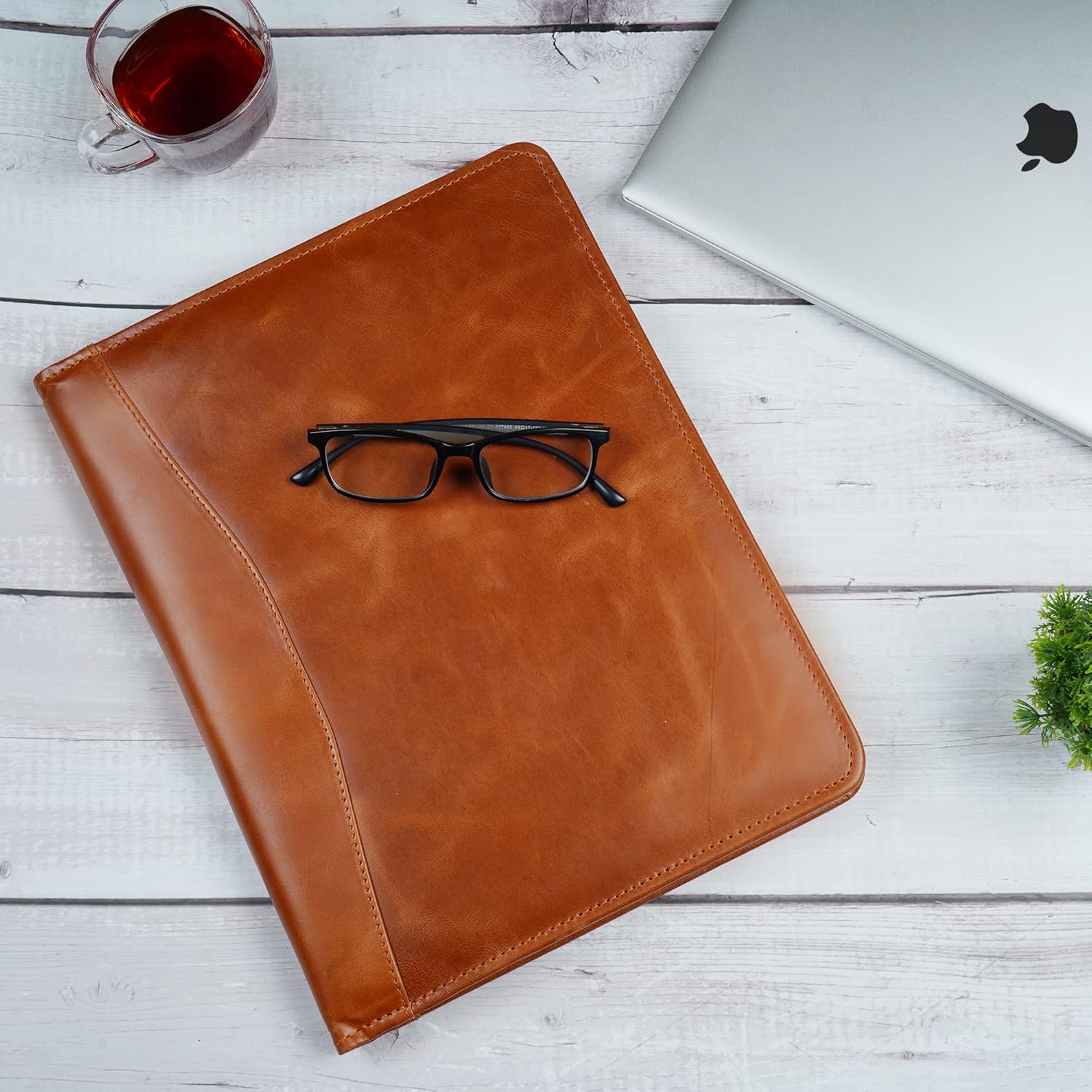 Leather Portfolio A4 Document Folder Legal Pad Padfolio, Professional Writing Letter Notepad Clipboard Sleeve Organizer, Resume Folio Binder for Men&Women Cognac Brown