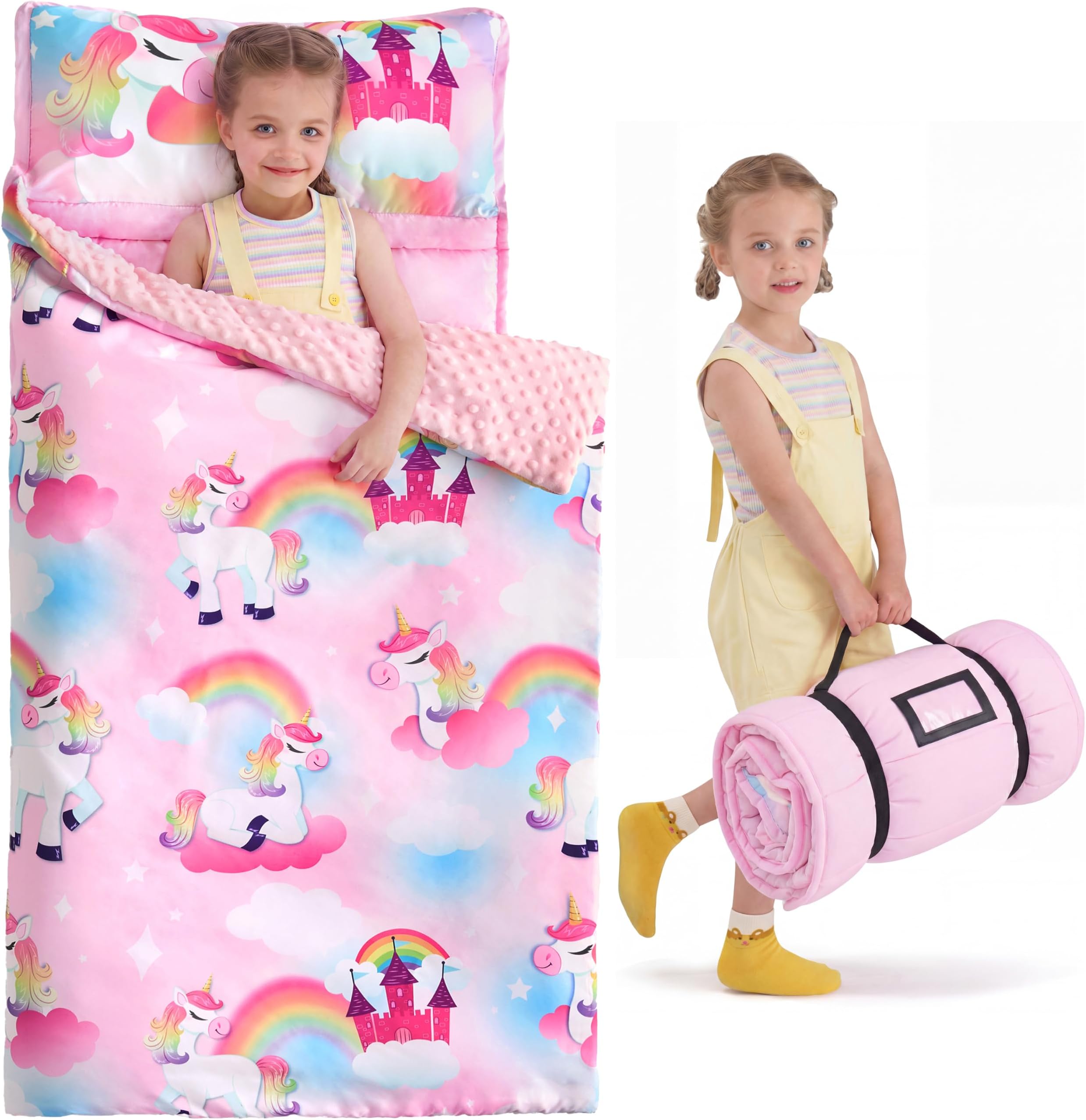 JOIEDOMI Toddler Nap Mat with Removable Pillow and Minky Blanket 55''x30'' Kids Sleeping Bag for Boys and Girls Ages 3-6 Roll Up Soft Nap Mats for Preschool Kindergarten Daycare Sleepover