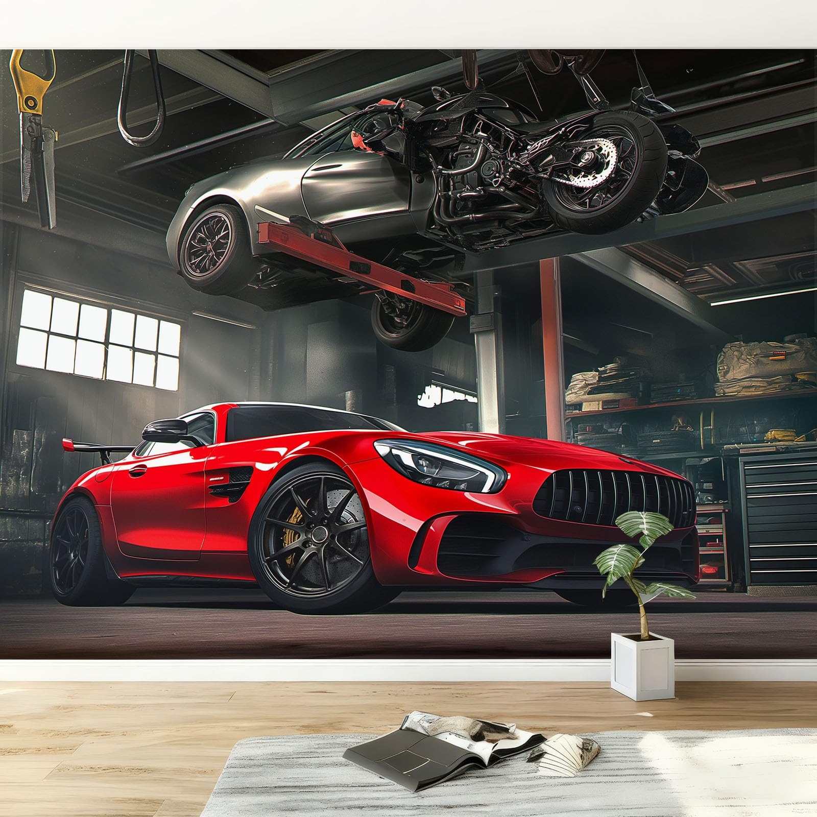 Papel Tapiz Fotográfico Taller Reparación Coches Industriales Deportivos Gris 200x140 cm 3D Papel Pintado Panorámico, Fuera de la Ventana Murales Decoración Pared para Cuarto de Niño Salón Oficina