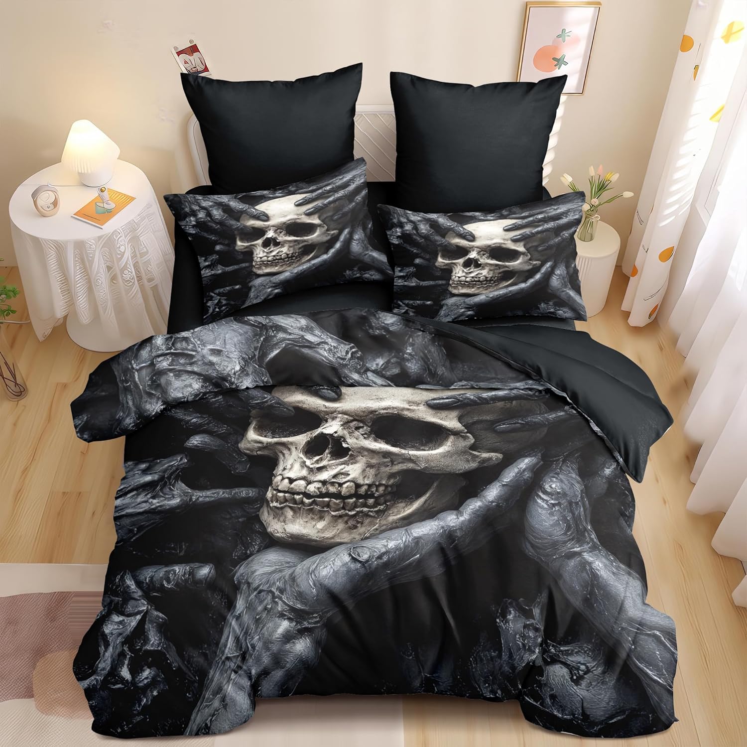 Black White Skull Comforter Set Queen Size Gothic Skeleton Bedding Set Modern Artistic Human Skeleton Soft Comforter 3 Pieces for All Seasons (1 Comforter, 2 Pillowcases)