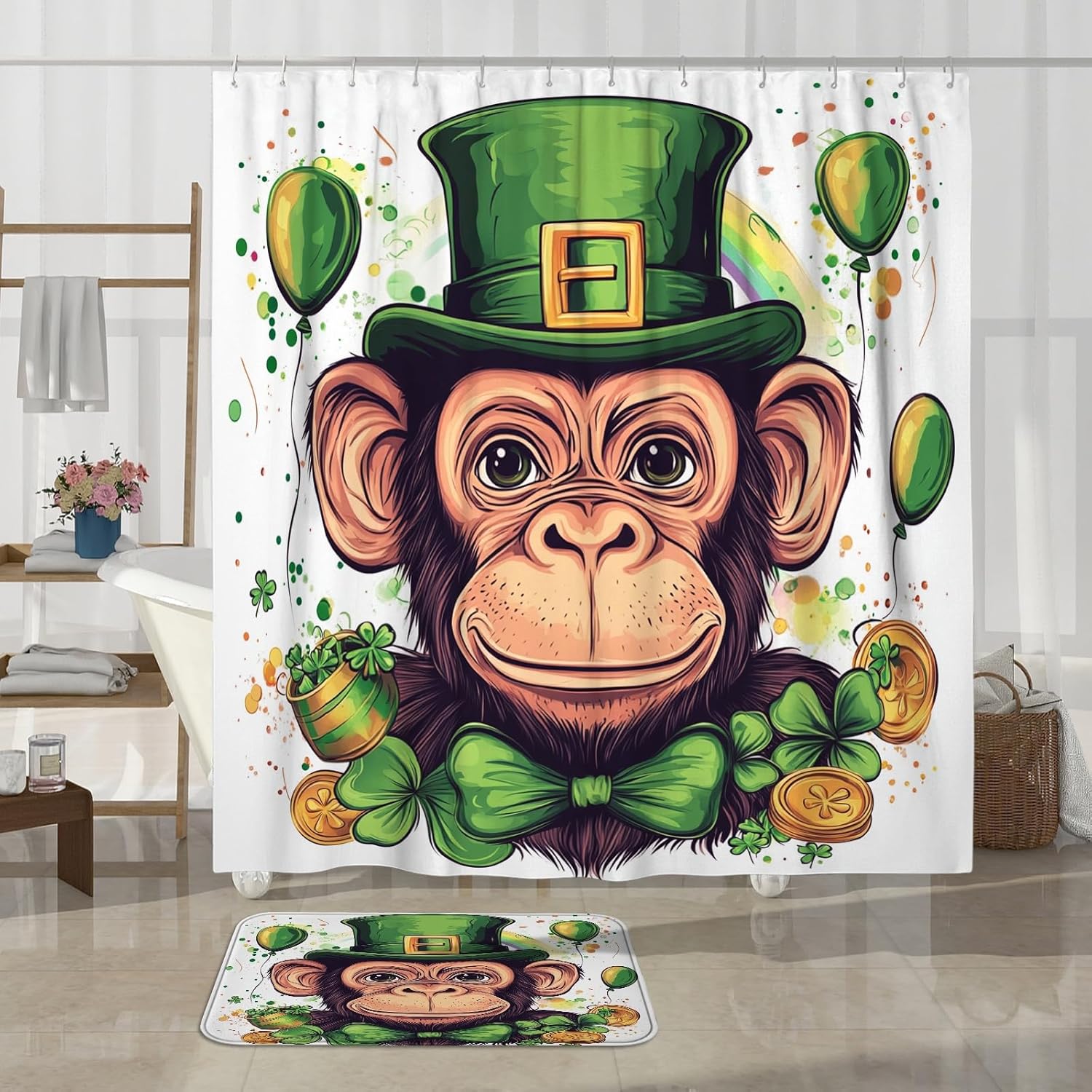 4PCS St.Patrick's Day Monkey Bathroom Accessory Sets with Non-Slip Rug, U Shape Toilet Lid Cover Mat, Fun Cartoon Animal Bathroom Decoration 72''x72''