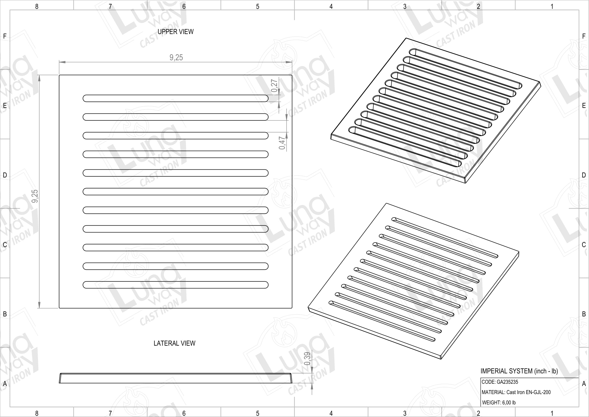 23,5 x 23,5 x 1 cm - LUNAWAY żeliwny grill | Poprawia ciągnięcie | Odporny na wysokie temperatury | Łatwe usuwanie popiołu w kominkach i piecach na drewno i pellet