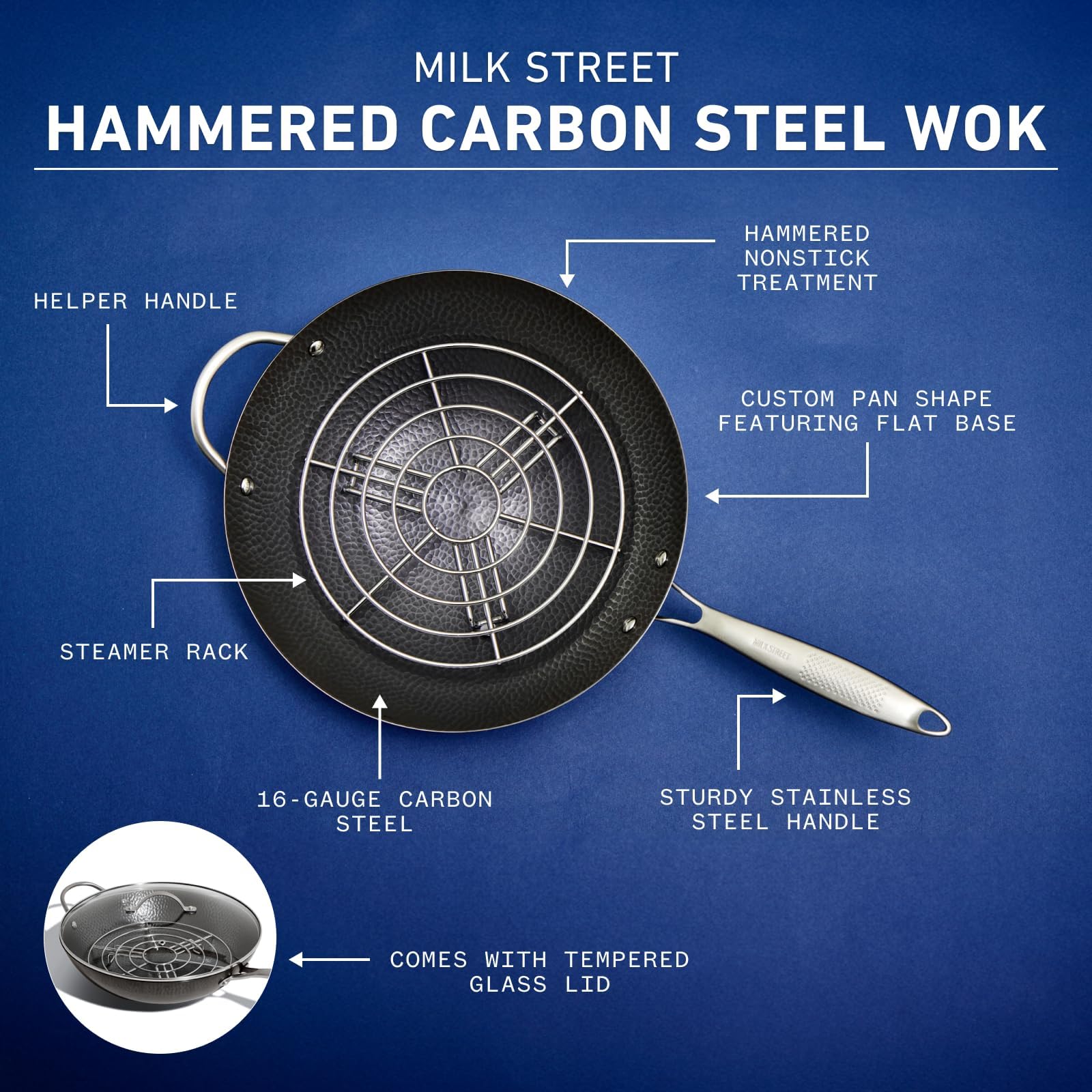 Milk Street - Wok de acero al carbono martillado de 3 piezas de 33 cm
