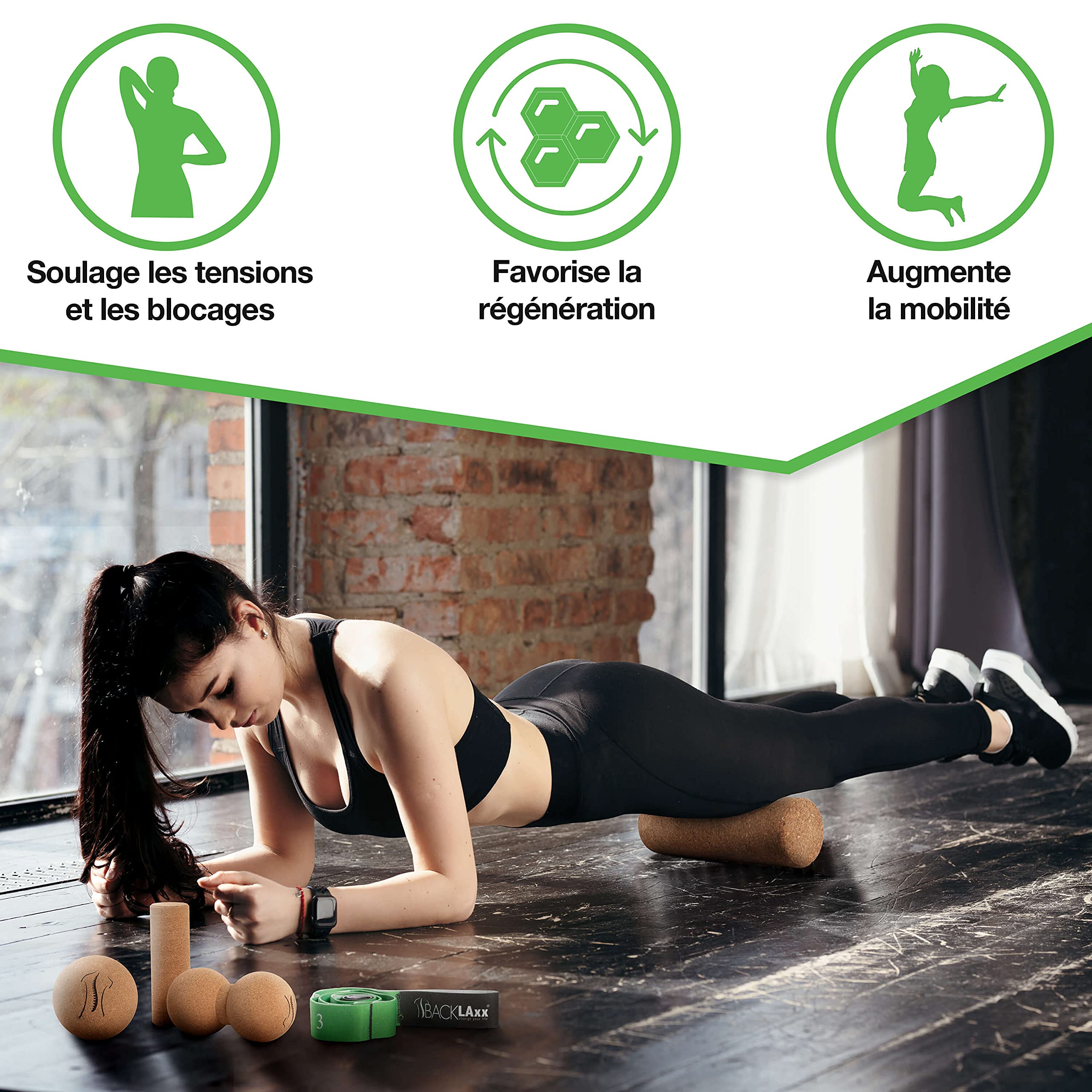 BACKLAXX® Rouleau en Liège avec Balle de Fascia & Balle de Massage | Rouleau de Massage Dos & Colonne Vertébrale | Kit Fascia Cuisses & Pieds | DuoBall | Sans Substances Nocives | Antibactérien