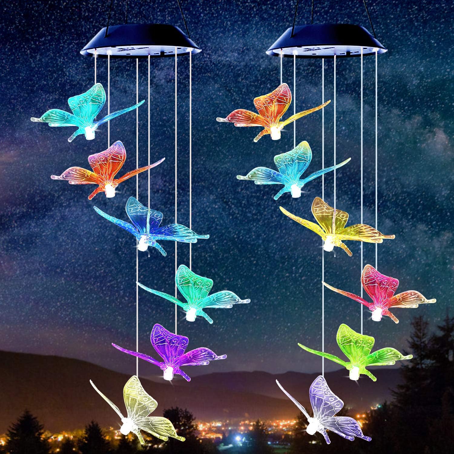 MUAMUAU 2 Pack Solar Wind Chimes-Color Changing LED Wind Chimes Outdoor, Waterproof & Mobile Hanging Wind Chimes with 6 Blue Butterfly Pendants,for Garden, Deck, Patio,Yard&Home