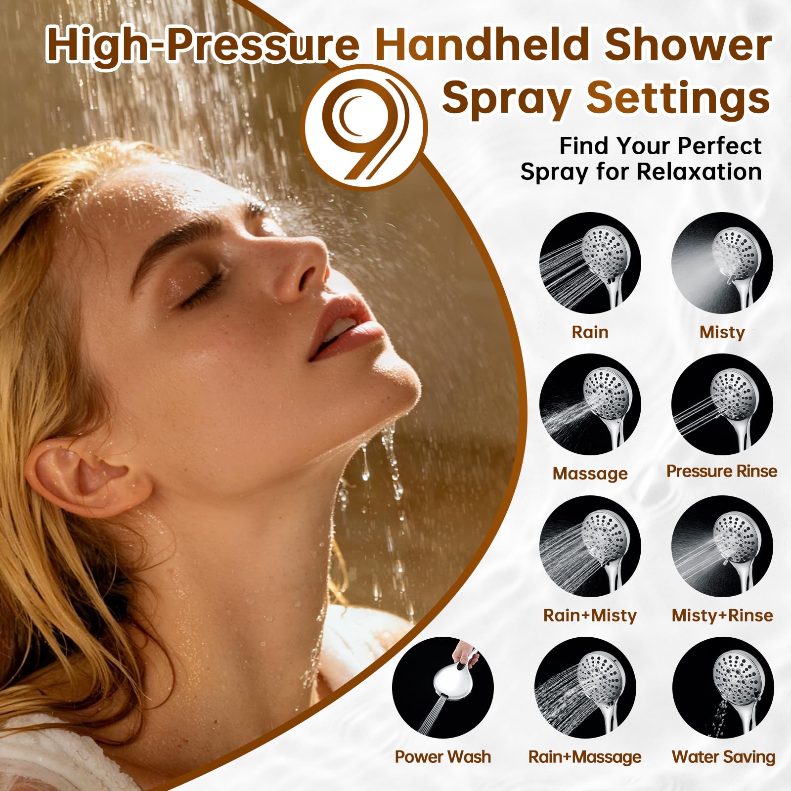 BRIGHT SHOWERS Soffione doccia a pioggia con doccetta integrata, doppio soffione ad alta pressione con braccio di estensione regolabile in altezza, deviatore a 3 vie, 9 impostazioni palmare, tubo