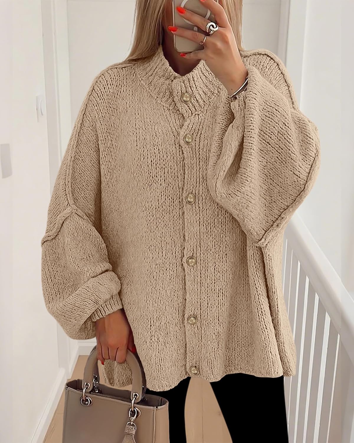 BTFBM Cardigan Sweaters for Women 2026 Fall Clothes Lantern Long Sleeve Button Open Front Chunky Knit Oversized Sweater - Image 2