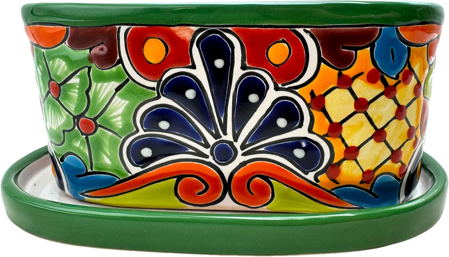 Talavera Planter Window Pot w/Saucer Folk Art Indoor Outdoor Mexican Pottery Home Decor Multicolor Handmade Made in Mexico Ceramic Length 11.25 (P7)