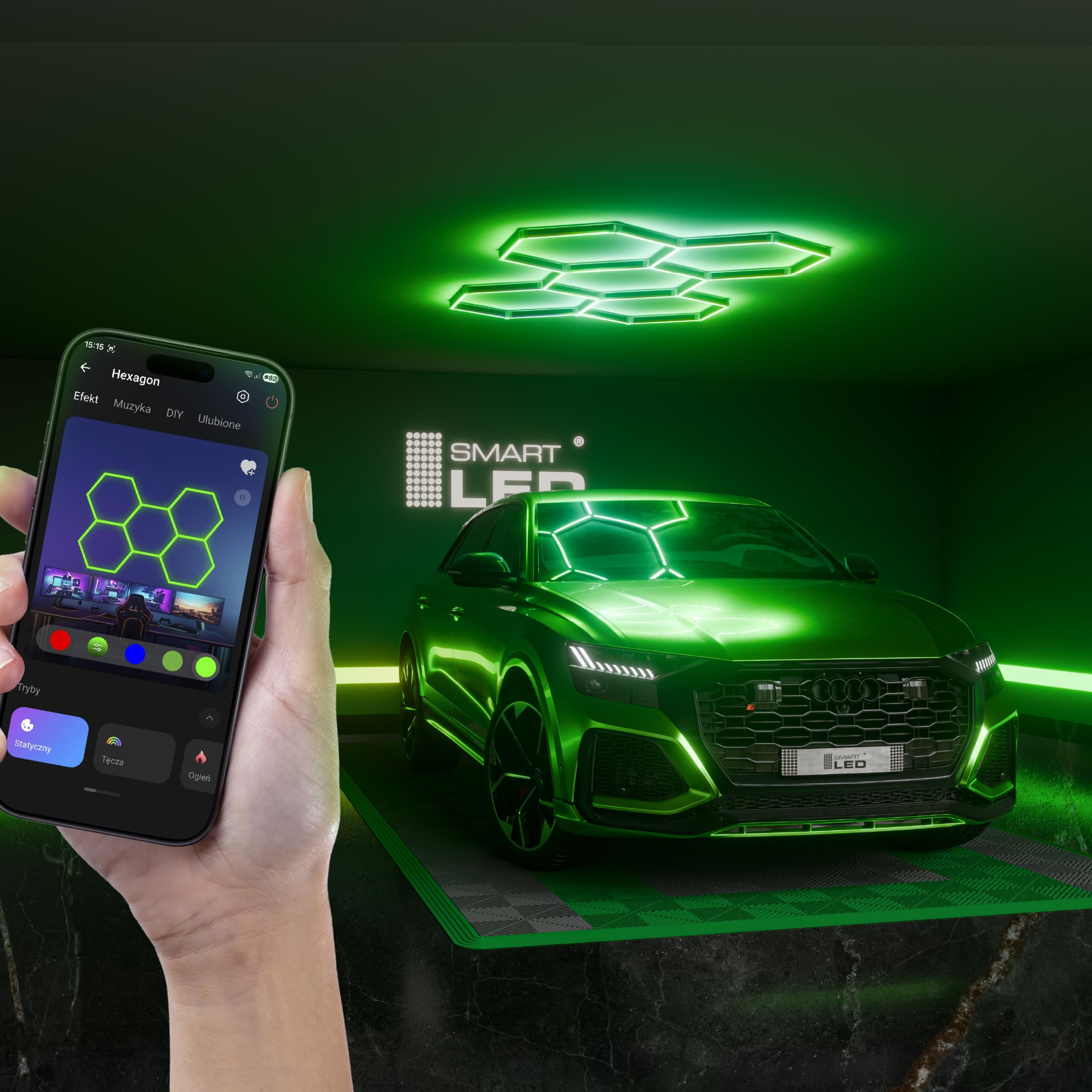 Hexagon LED Deckenlampe 205x142 cm – 24er Set Werkstattbeleuchtung 144W 16560lm – RGB – IP54 flimmerfrei – LED Garagenbeleuchtung, Tattoo, Detailing, Schwarz, APP, (205 x 142CM, RGB, 144W)