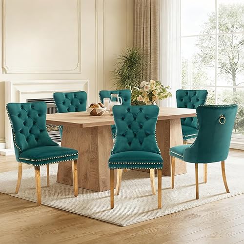 Miniatura 129 de Juego de 6 sillas de comedor de cuero, sillas laterales con respaldo alto, silla lateral tapizada moderna con anillo trasero de botón, patas de negro