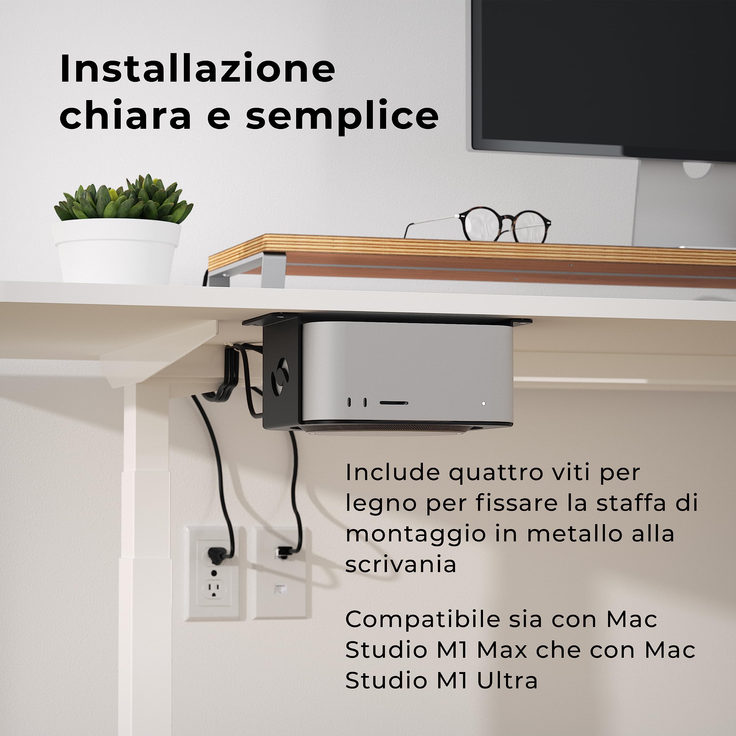JEMACHE Supporto A Parete O Sotto Scrivania Per Mac Studio M1/M2, In Alluminio Nero Con Foro VESA