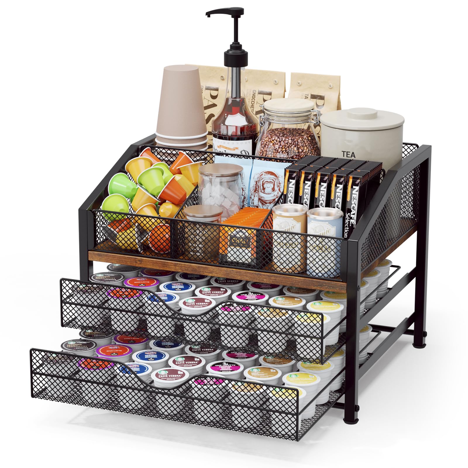 BBLIKE Organizer per bar da caffè, stazione per il piano di lavoro, in metallo e legno, cestino portaoggetti per capsule di caffè, sciroppo, tazze, bacchette, spezie di caffè, organizer per tè