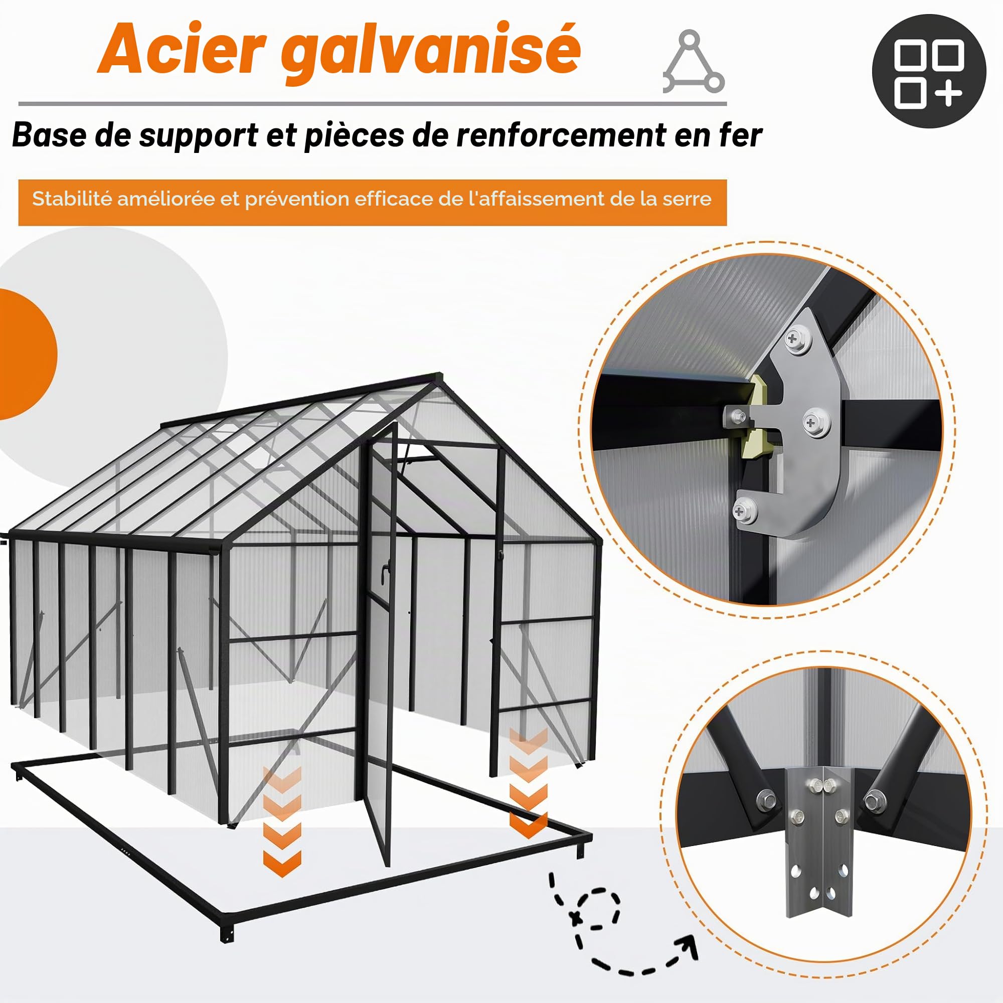 NAIZY Serre de jardin de 380 x 250 x 205 cm, avec ancrage au sol et base de 6 cm, de 580 g, plaque de polycarbonate et aluminium de 4 mm, pour tomates, résistante à l'hiver, protection UV