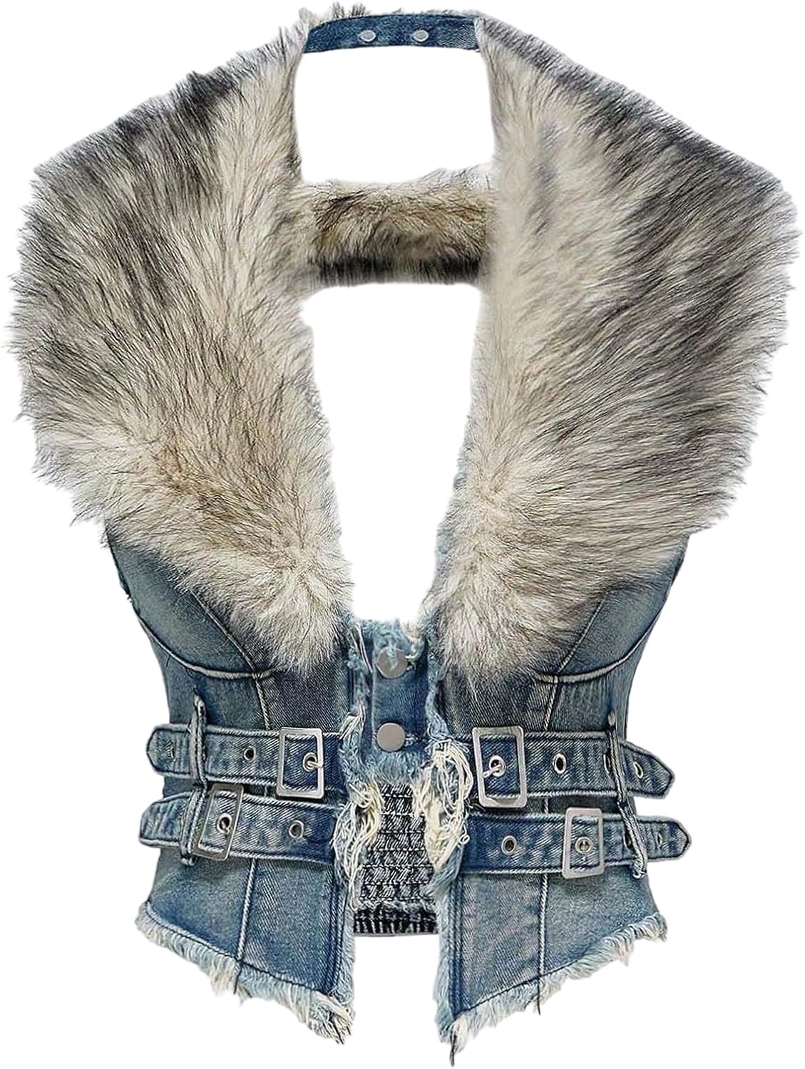 MakeMeChic Women's Fur Tops Y2K Denim Vest Winter Sleeveless Distressed Shirred Cropped Going Out Tops