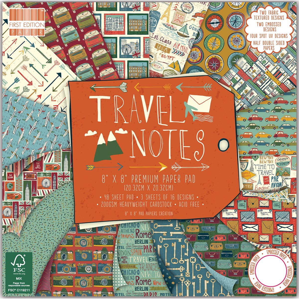 First Edition Travel Notes 8" x 8" / 20.3 x 20.3 cm, (48 Sheet Pad, 200gsm Heavyweight Cardstock, Acid & Lignin Free, Soy Inks, FSC), 8x8 Premium Paper Pad