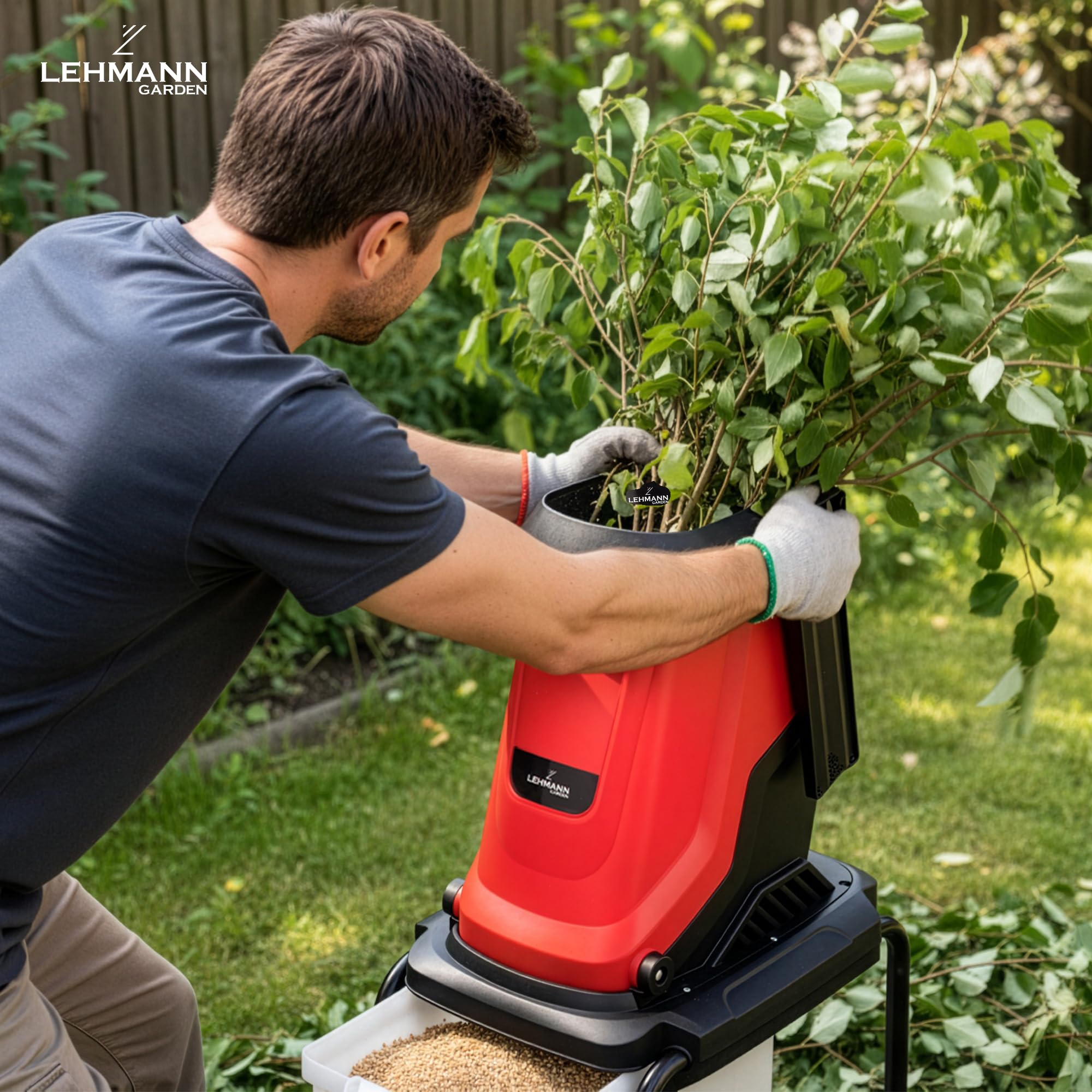 LEHMANN Elektro Gartenhäcksler, 3000 W, Messerhäcksler für Äste bis 45 mm, Laubhäcksler mit robustem Fahrgestell, Rädern und 50 L Fangbox, Holzhäcksler mit Zubehör, Sicherheitsschalter, Rot