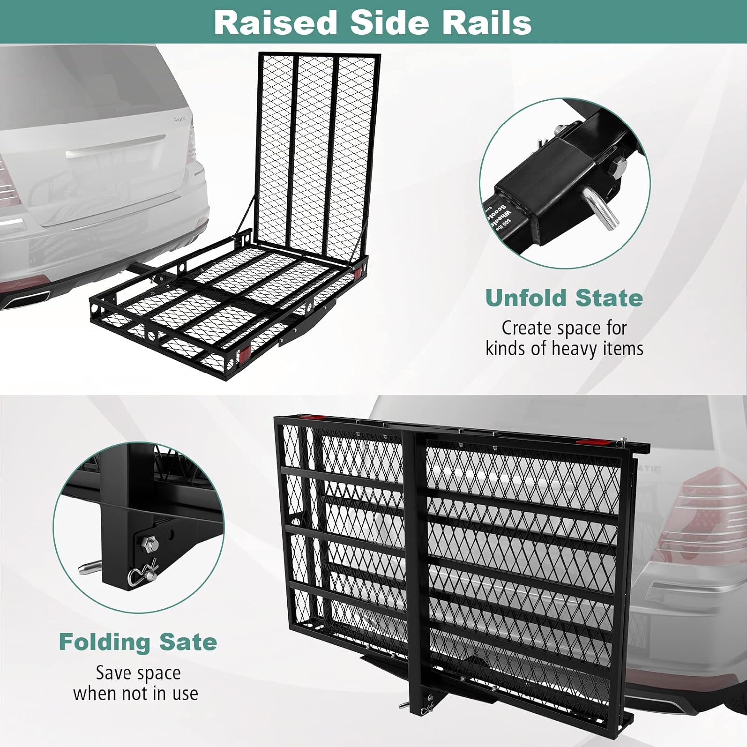 SAFSTAR Hitch Mount Cargo Carrier, 500 LBS Heavy-Duty Hitch Cargo Trailer W/Mobility Ramp, 2 Tie-Down Straps & Side Rails, Anti-Rattle Stabilizer, 48” x 27” Folding Cargo Carrier Basket, Black