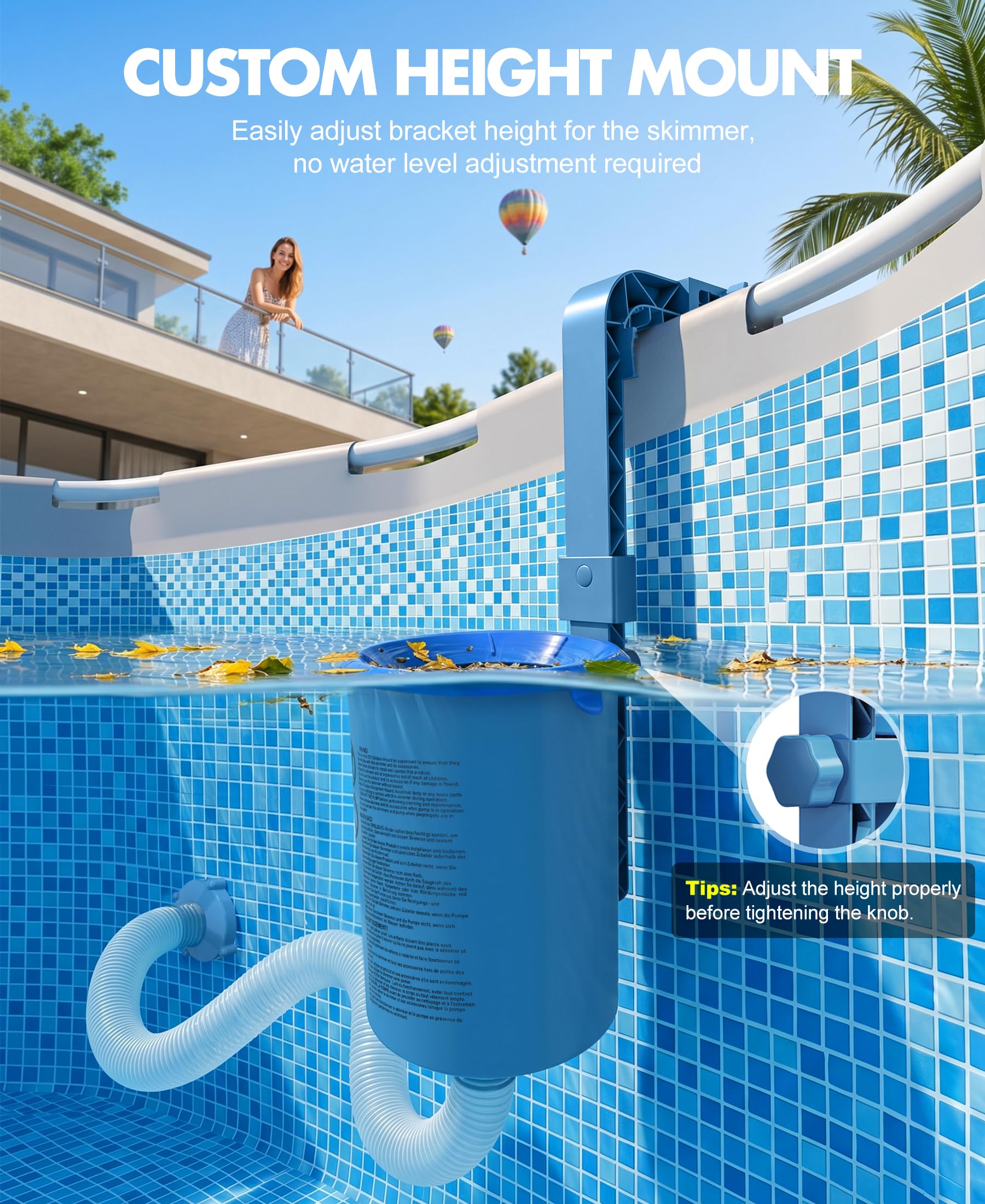 KIrSwp 2026 - Skimmer de piscina sobre el suelo con 3 calcetines de skimmer | Skimmer de superficie de montaje en pared, soporte mejorado - Antiinclinación | Cesta flotante extraíble para piscina