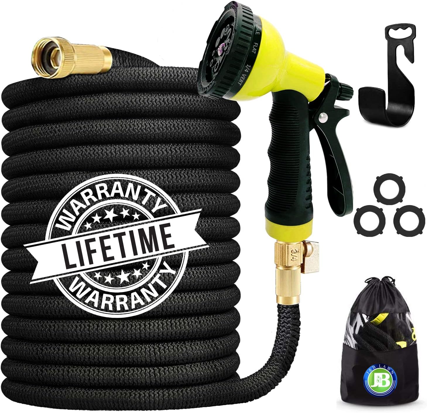 J&B XpandaHose 75ft Expandable Garden Hose with Holder - Heavy Duty Superior Strength 3750D - 4 -Layer Latex Core - Extra Strong Brass Connectors and 10 Spray Nozzle w/Storage Bag (Black 75) : Home & Kitchen