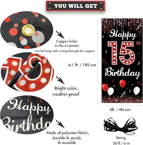 Miniatura 2 de Telón de fondo para puerta de cumpleaños número 15, decoraciones de feliz cumpleaños 15 para niñas, rojo y negro para fiesta de cumpleaños de 15