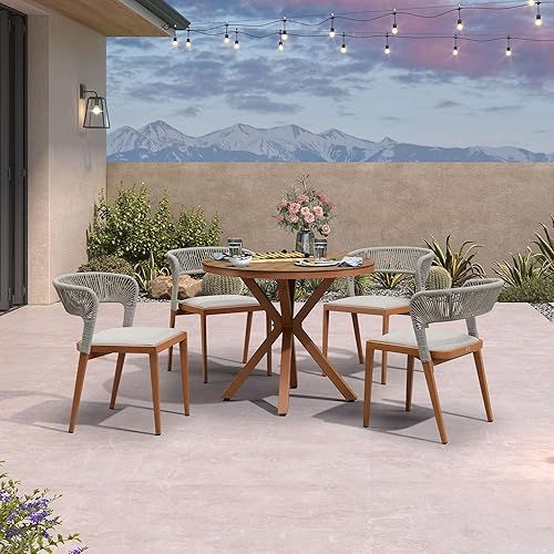 PURPLE LEAF Juego de comedor redondo de 5 piezas para patio, muebles de exterior con sillas de ratán para césped, jardín, patio trasero, juegos de