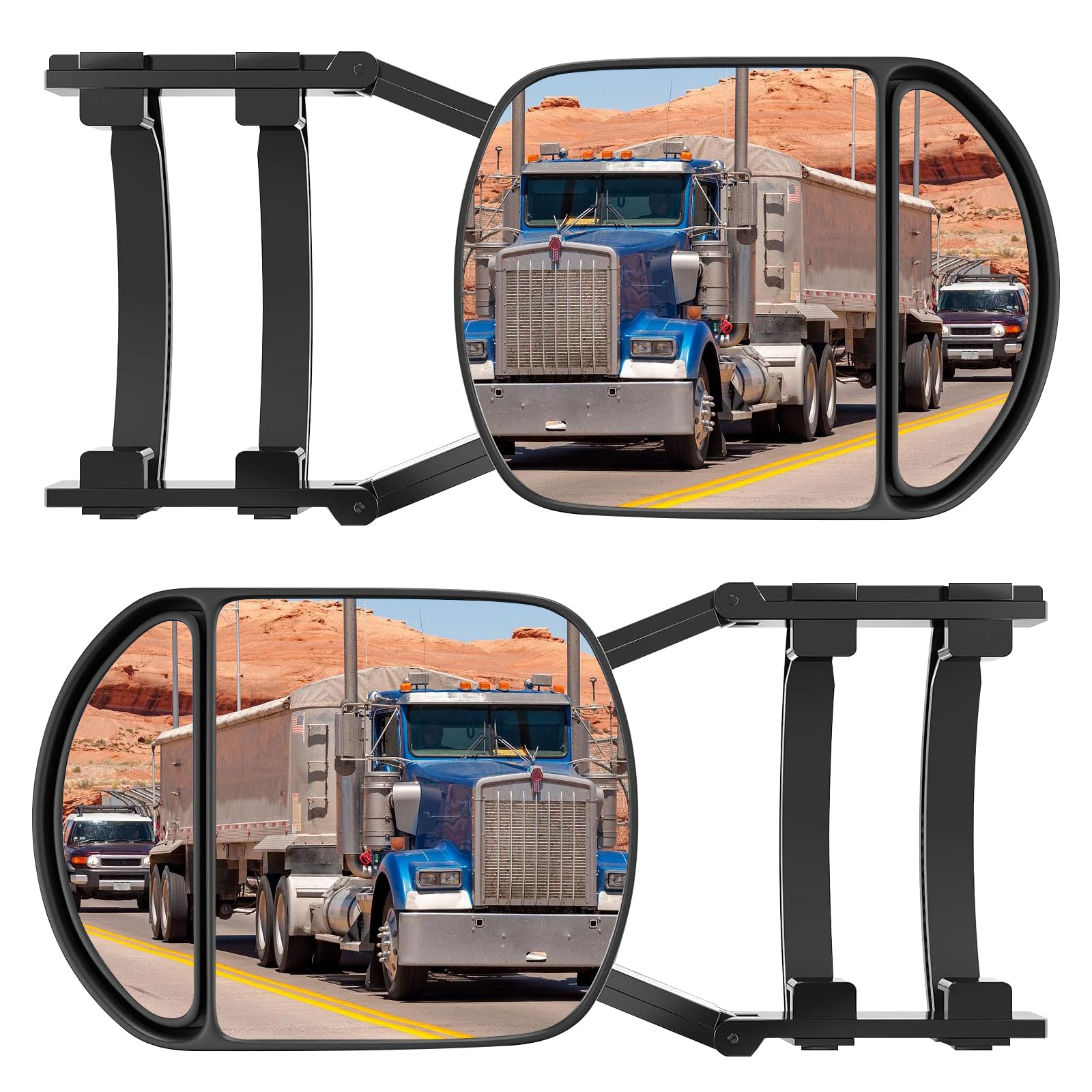 Car Towing Mirror with 360 Degrees Rotation, Stable Clamp On Tow Mirrors, Anti-Slip Dual View Mirror for Safe Driving, Adjustable RV Mirror Extensions, 2 Pieces