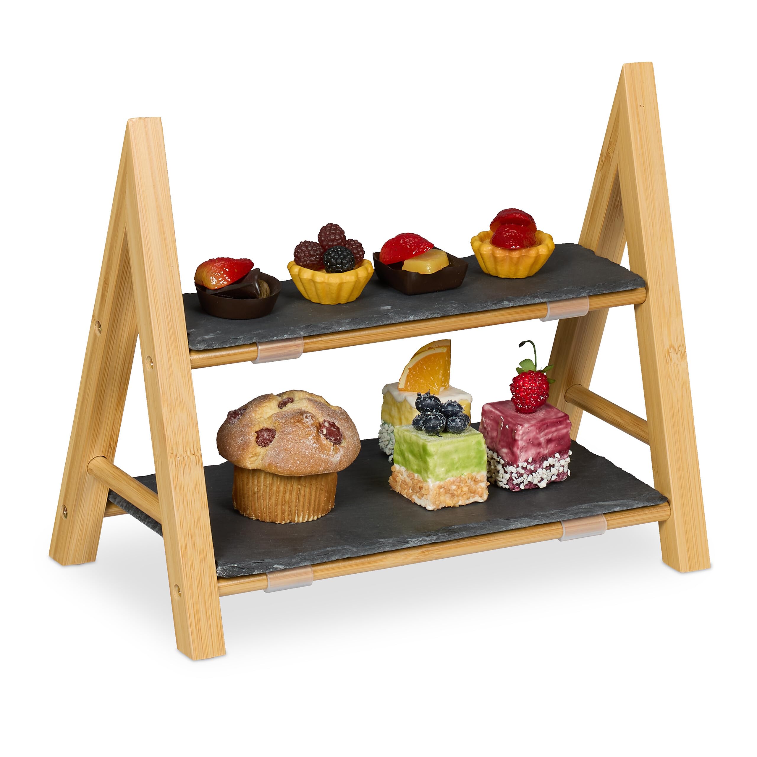 Relaxdays Serving Stand, 2 Tiers, with Slate Plates, HWD 27x32x17 cm, Rustic, Bamboo Frame, Afternon Tea, Natural/Grey