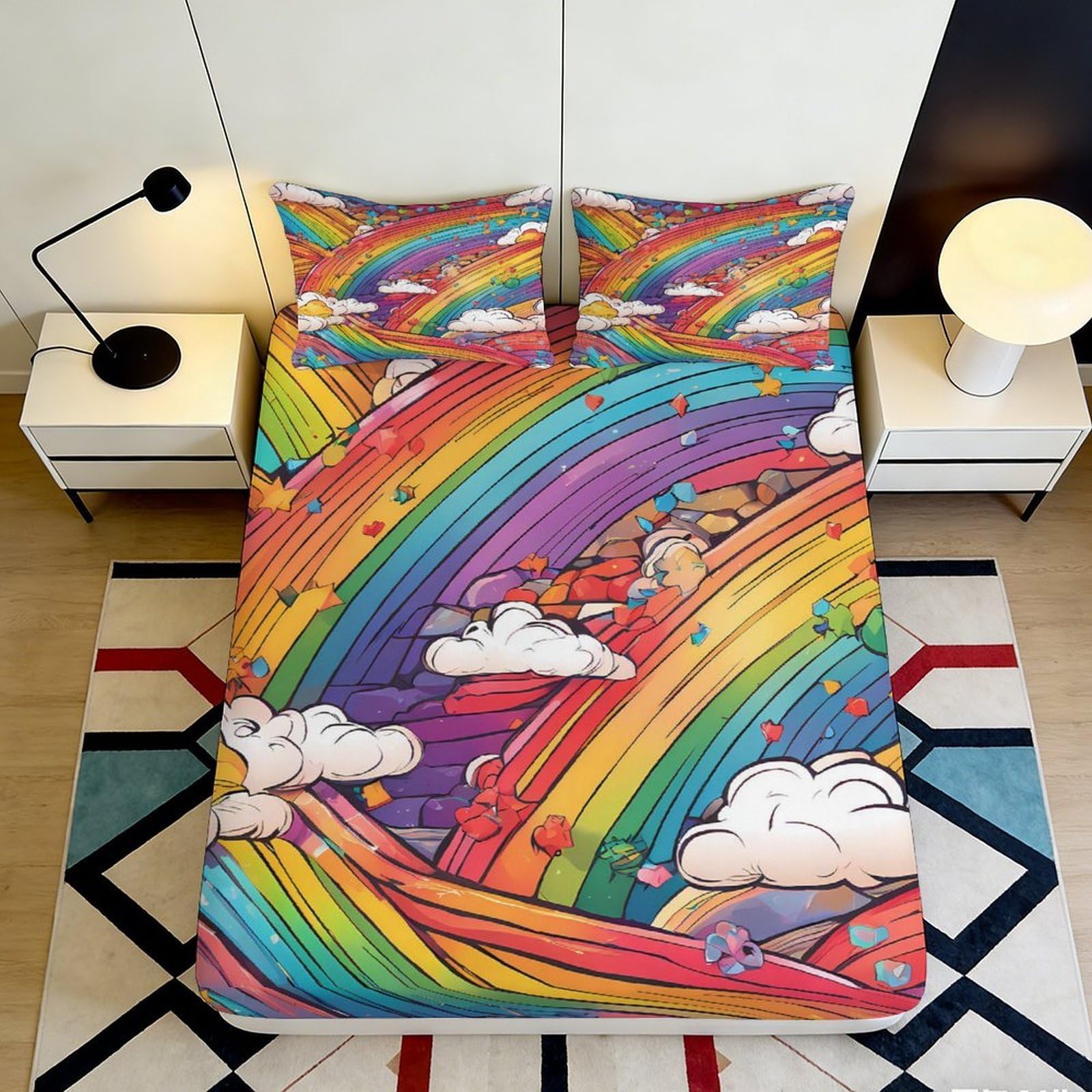 3D Printed Rainbow Clouds Fitted Sheet Microfiber Soft Colorful Cartoon Bed Cover for Bedroom Dorm Mattress Decor 90x200x25cm