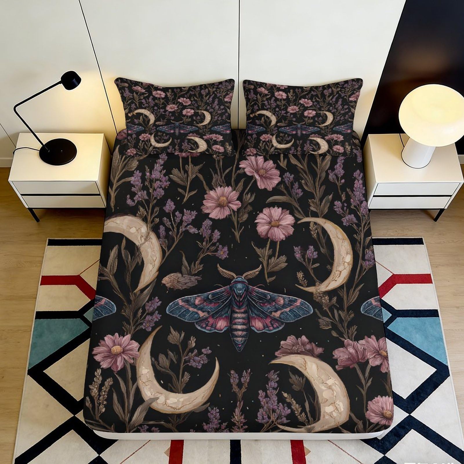 3D Printed Moth Moon Fitted Sheet Microfiber Black Floral Mattress Cover for Bedroom Dorm Bed Protection Decor 90x200x25cm
