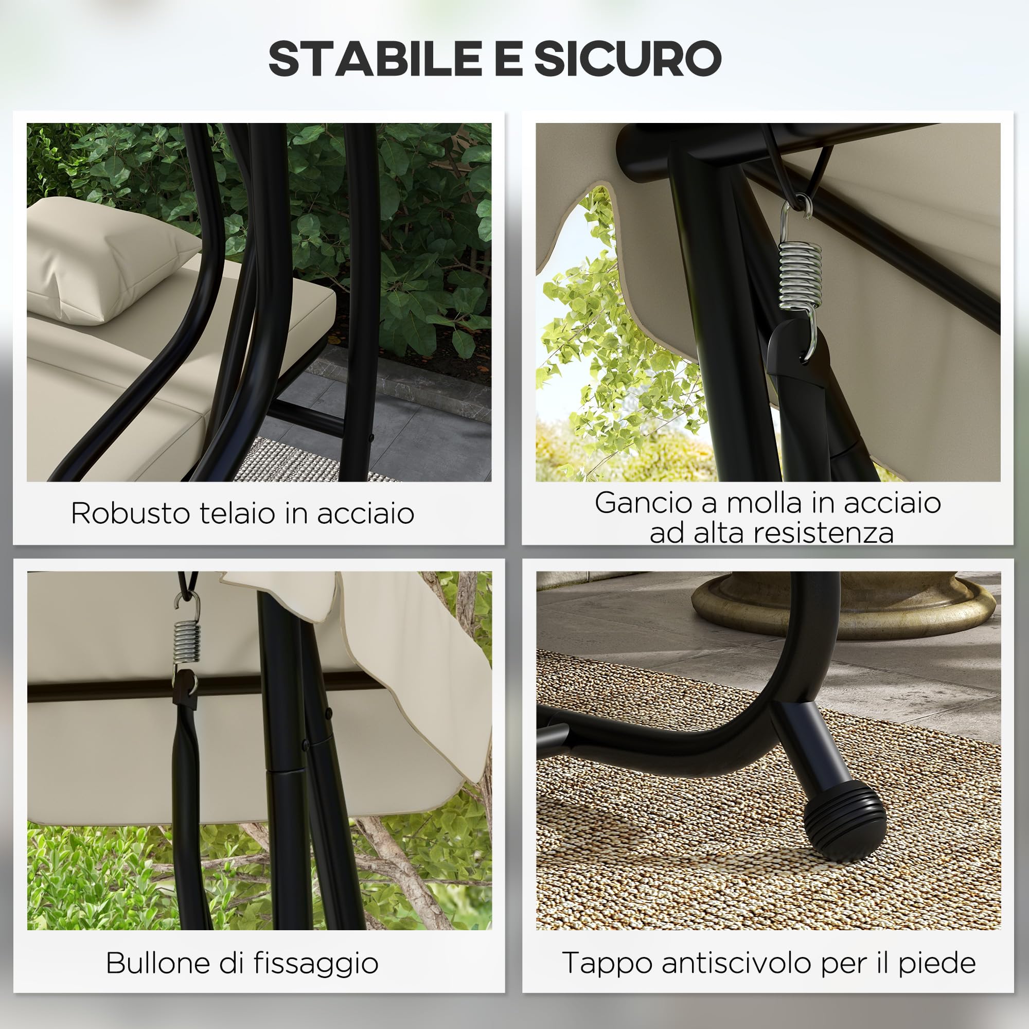 Outsunny Dondolo Letto da Giardino con Tettuccio Regolabile e Vassoi Portabicchieri, Dondolo da Giardino in Acciaio e Poliestere, 200x120x164 cm, Crema