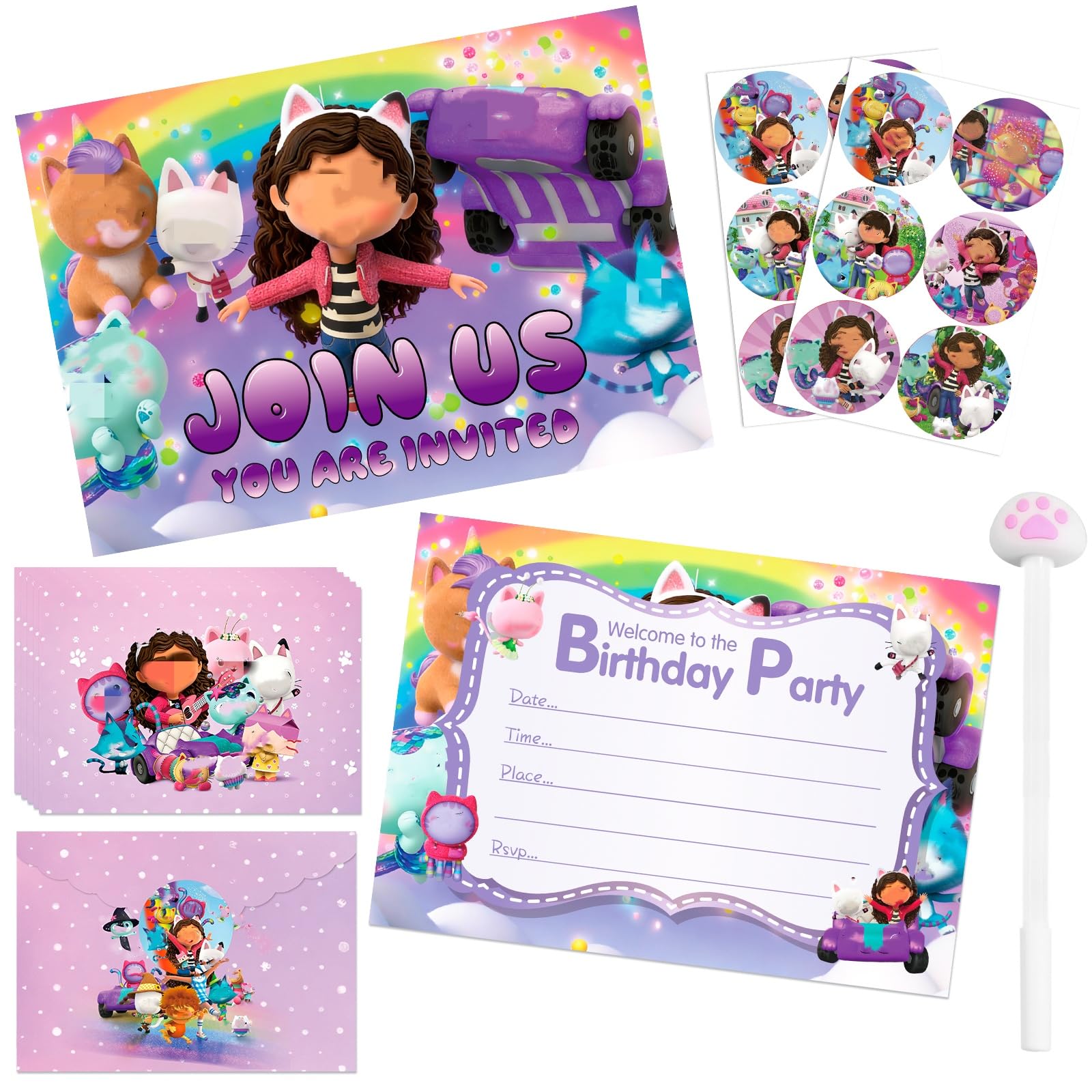 12Pcs Party Invitations+12Pcs Sticker+1Pcs Kawaii Gel Pen, Kids Birthday Party Invitations with Envelopes Stickers, Double Sided Theme Invite Cards+Pens Set for Birthday Baby Shower School Supplies — image 1