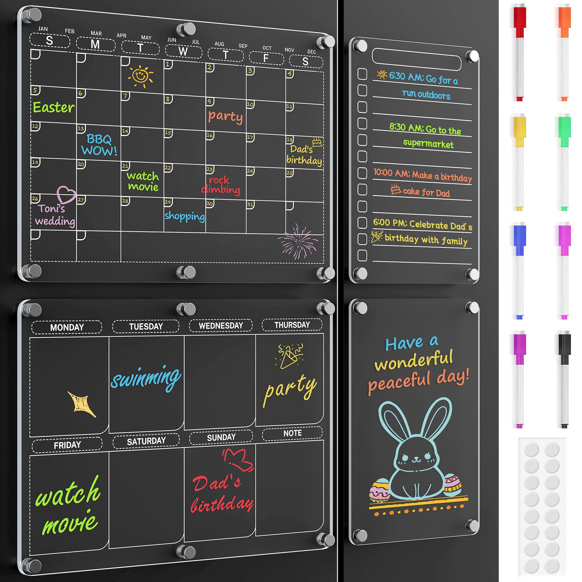 4 Pack Magnetic Calendar for Refrigerator Clear Acrylic Calendar for Fridge with 8 Colorful Markers Fridge Calendar Magnet