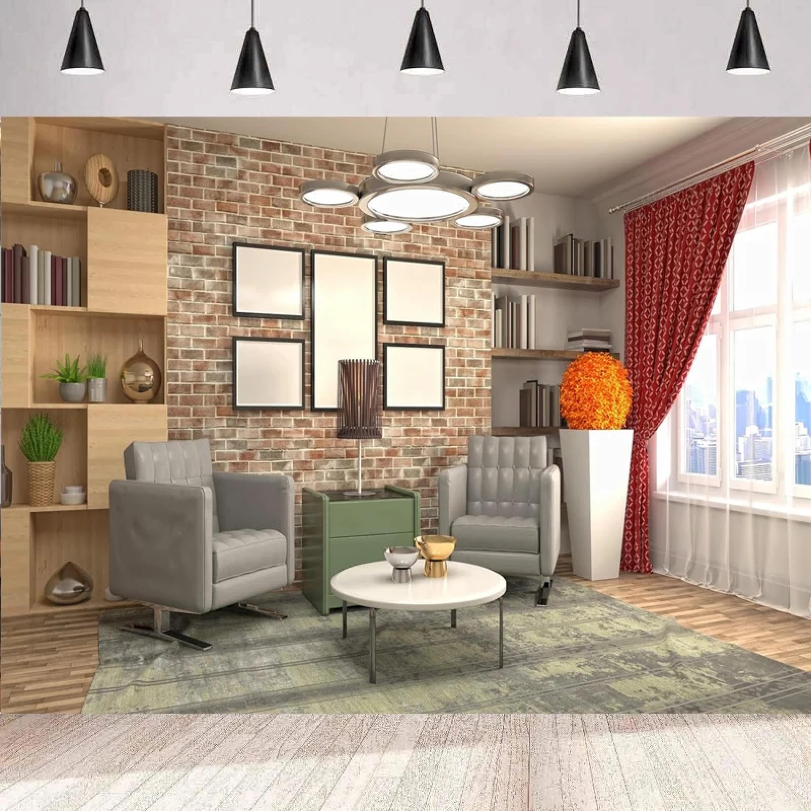 Nowoczesny salon fotografia wnętrze sofa regał na książki drewniane podłogi mur, tło mieszkania, wideokonferencje