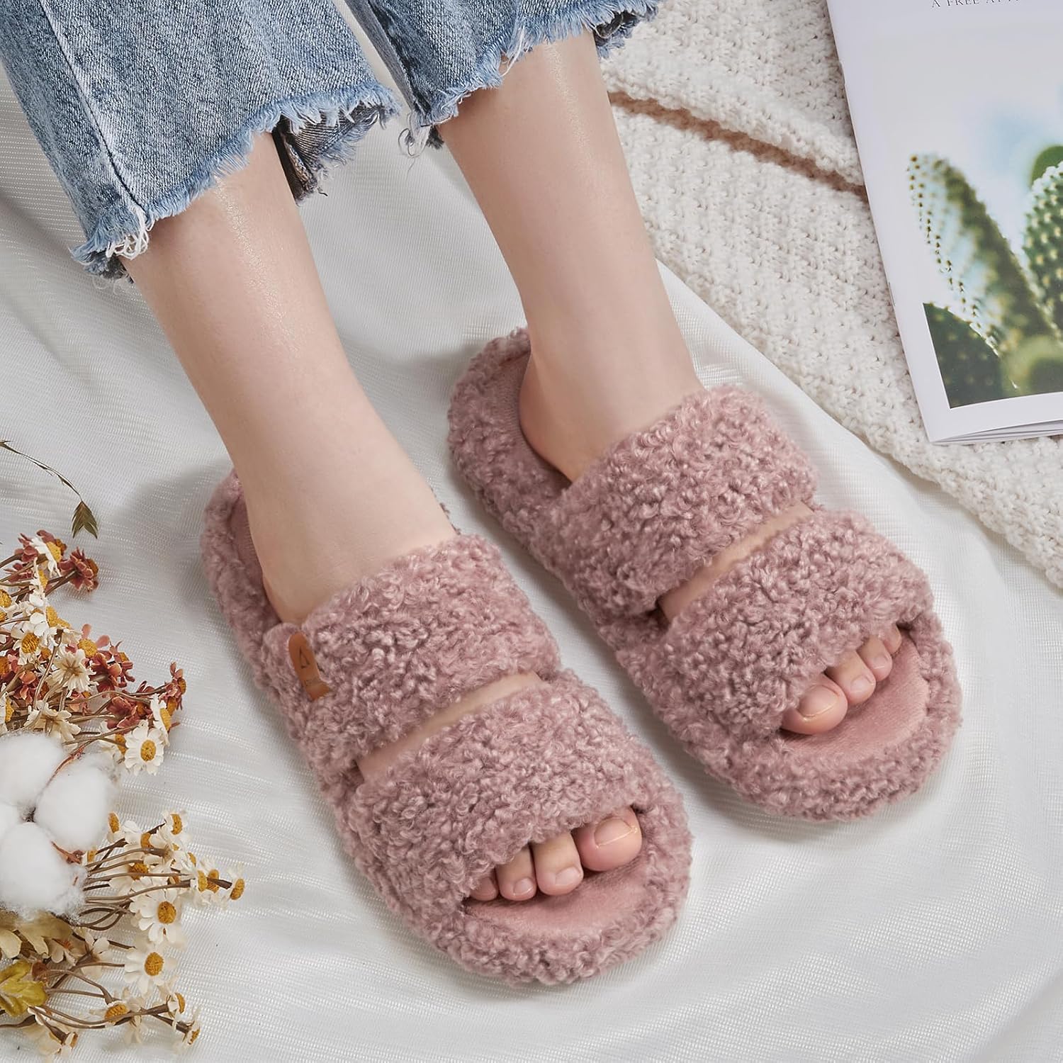 ATHMILE House Slippers for Women with Platform Memory Foam Arch Support Open Toe, Fuzzy Fluffy Cozy Womens Slippers for Home Indoor Outdoor Bedroom Ladies Christmas Gifts Pantuflas Para Mujer - Image 2