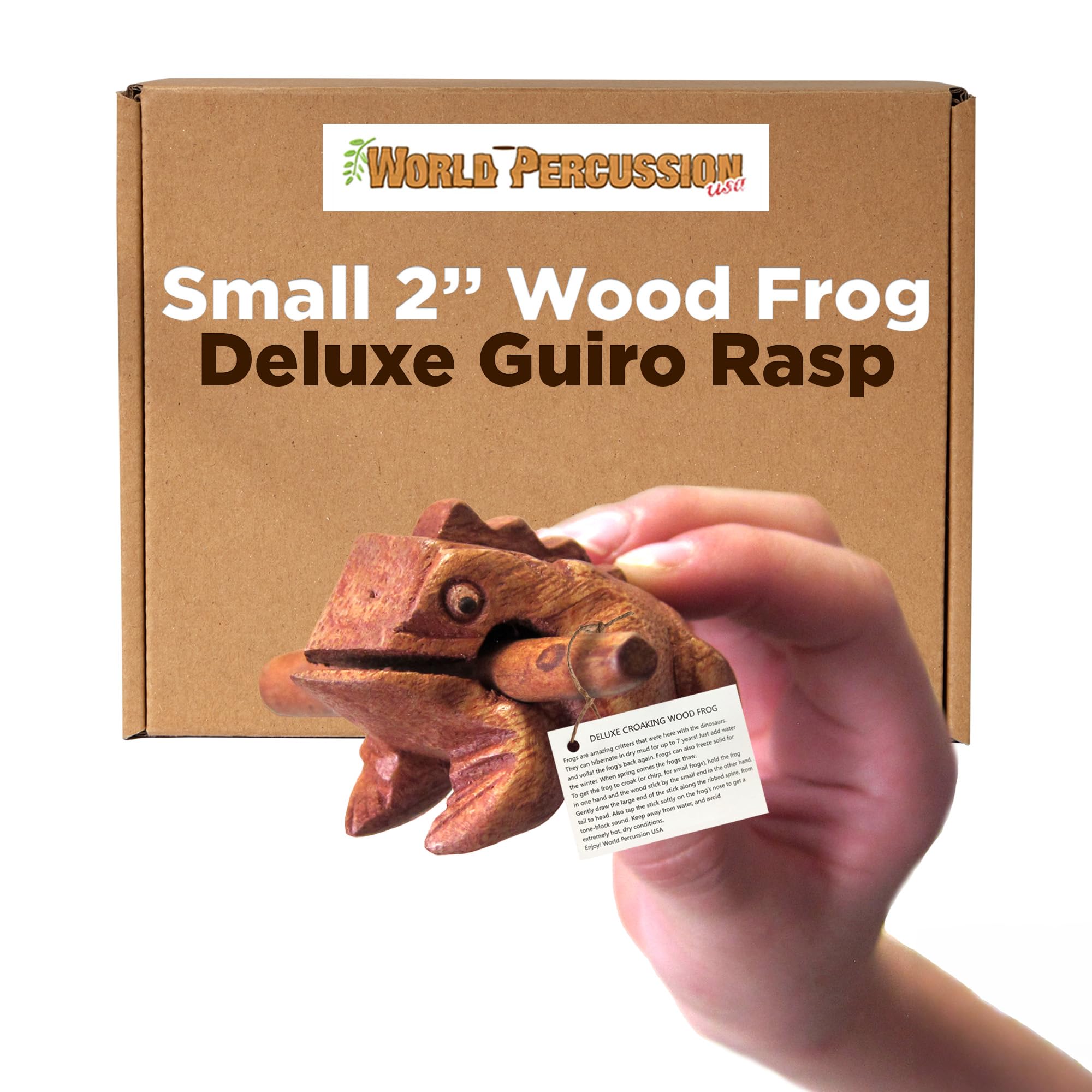 Deluxe Small 2" Wood Frog Guiro Rasp - Percussion Musical Instrument Tone Block - Wooden Instrument with Stick, Noise Maker by World Percussion USA