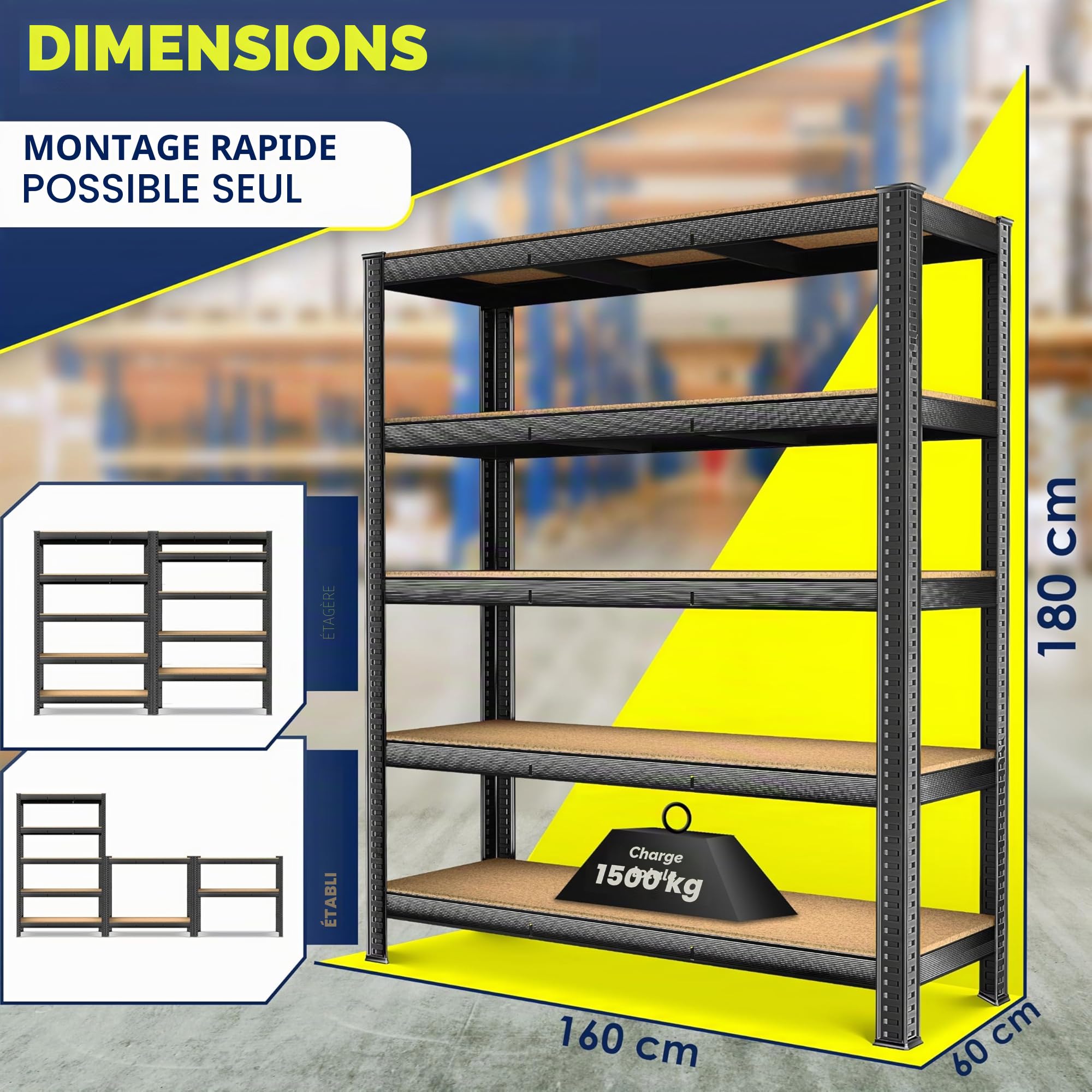 MASKO Étagère de rangement pour charges lourdes - 180 x 160 x 60 cm - Charge maximale : 1500 kg - 5 étagères réglables - Panneaux MDF en métal - Étagère enfichable - Étagère d'atelier - Structure en