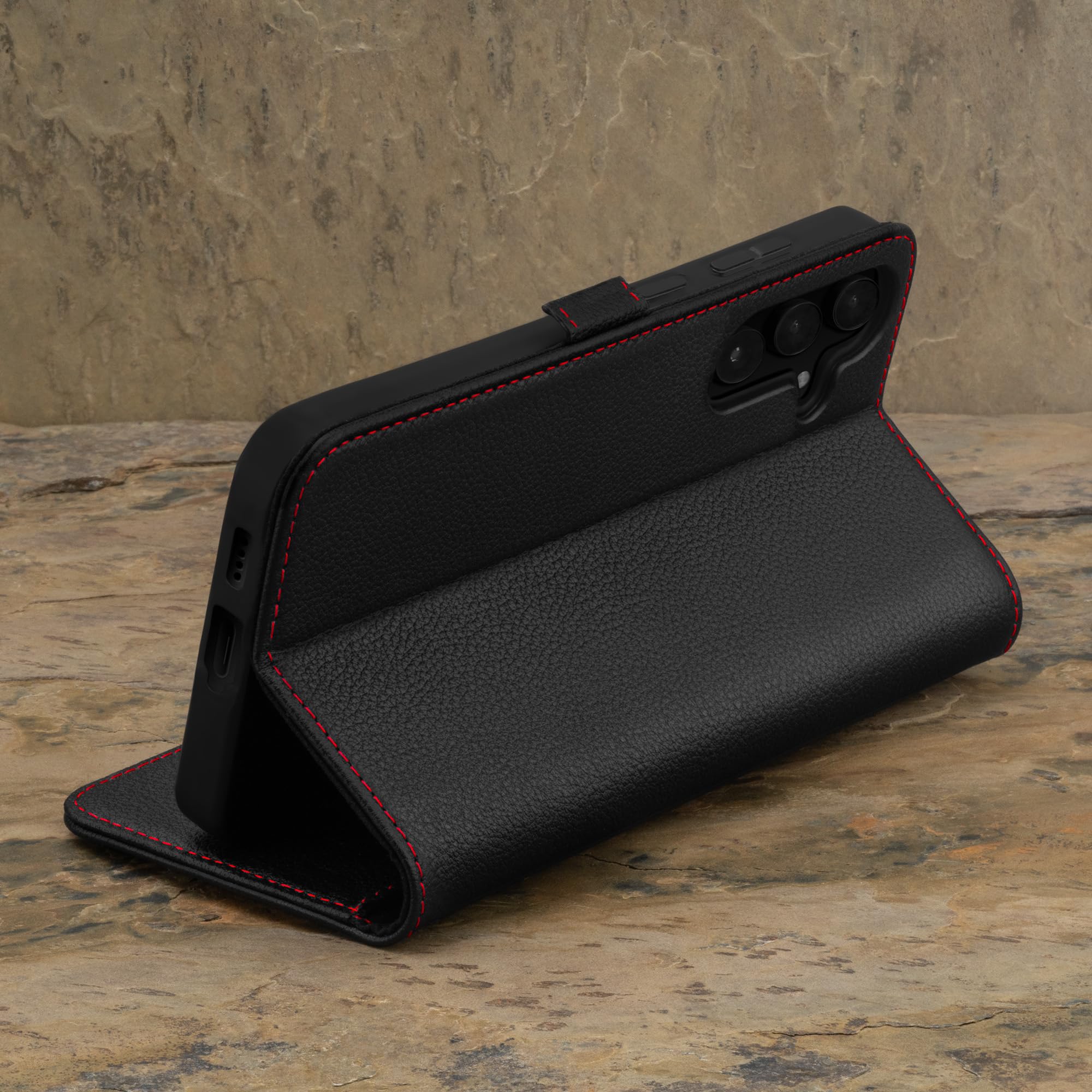 TORRO Custodia Compatibile con Samsung Galaxy S24+ Plus 5G – Custodia a Portafoglio in Pelle Premium con Cavalletto e Slot per Carte (Nero con dettaglio Rosso)