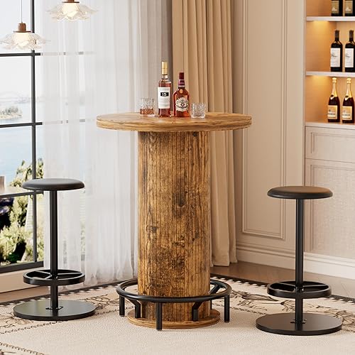Miniatura 8 de PAKASEPT Juego de mesa redonda y sillas de bar, mesa de bistró de 37.8 pulgadas de alto con 2 taburetes, mesa de pub de cóctel con reposapiés de