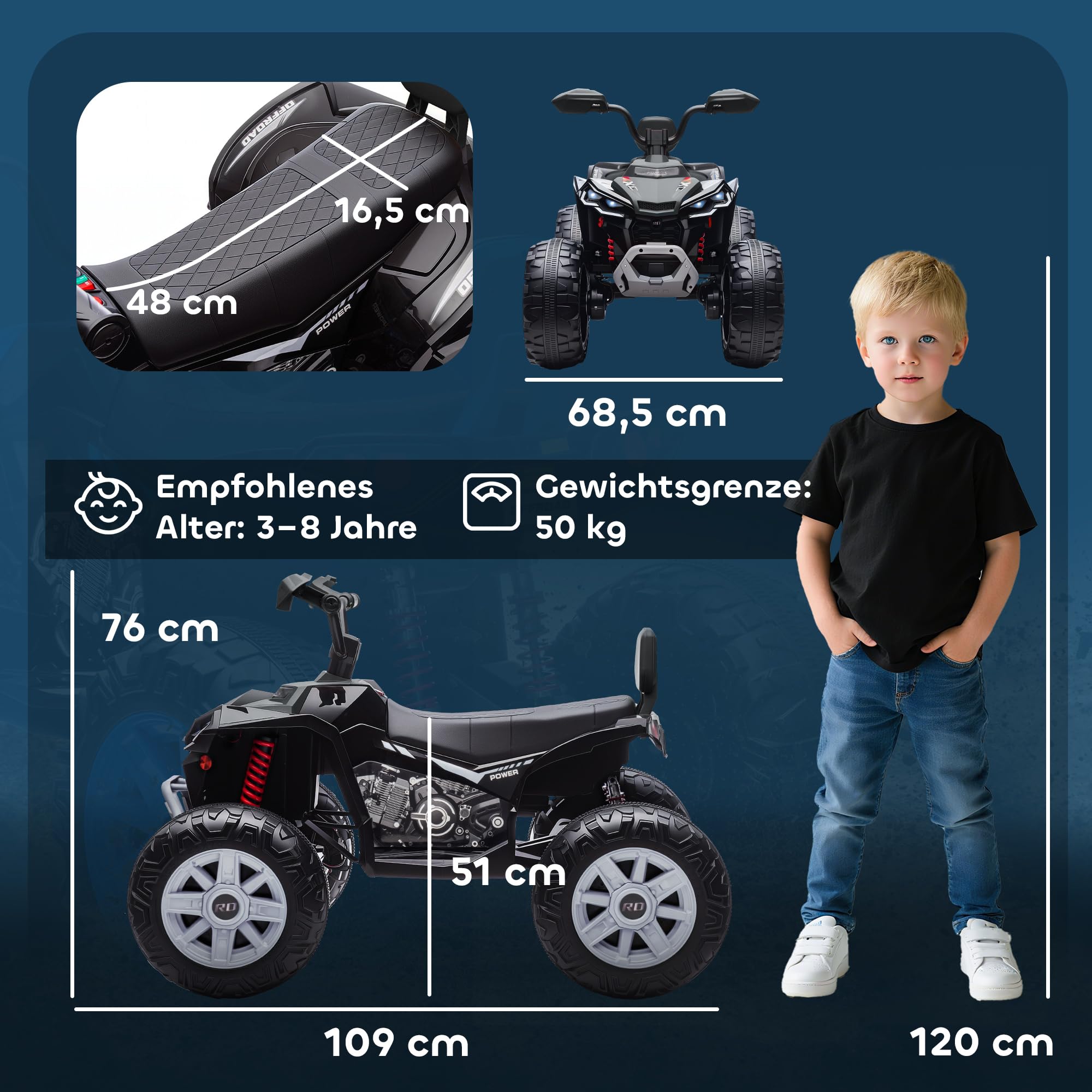 AIYAPLAY 24V Elektro Quad für Kinder Vorwärts-, Rückwärtsfunktion Schwarz | Kinderquad, 4 Gefederte Räder, Scheinwerfer, USB- & MP3-Anschluss, 2 Sitzer Kinderfahrzeug, 4-6,5 km/h, Für 3-8 Jahre