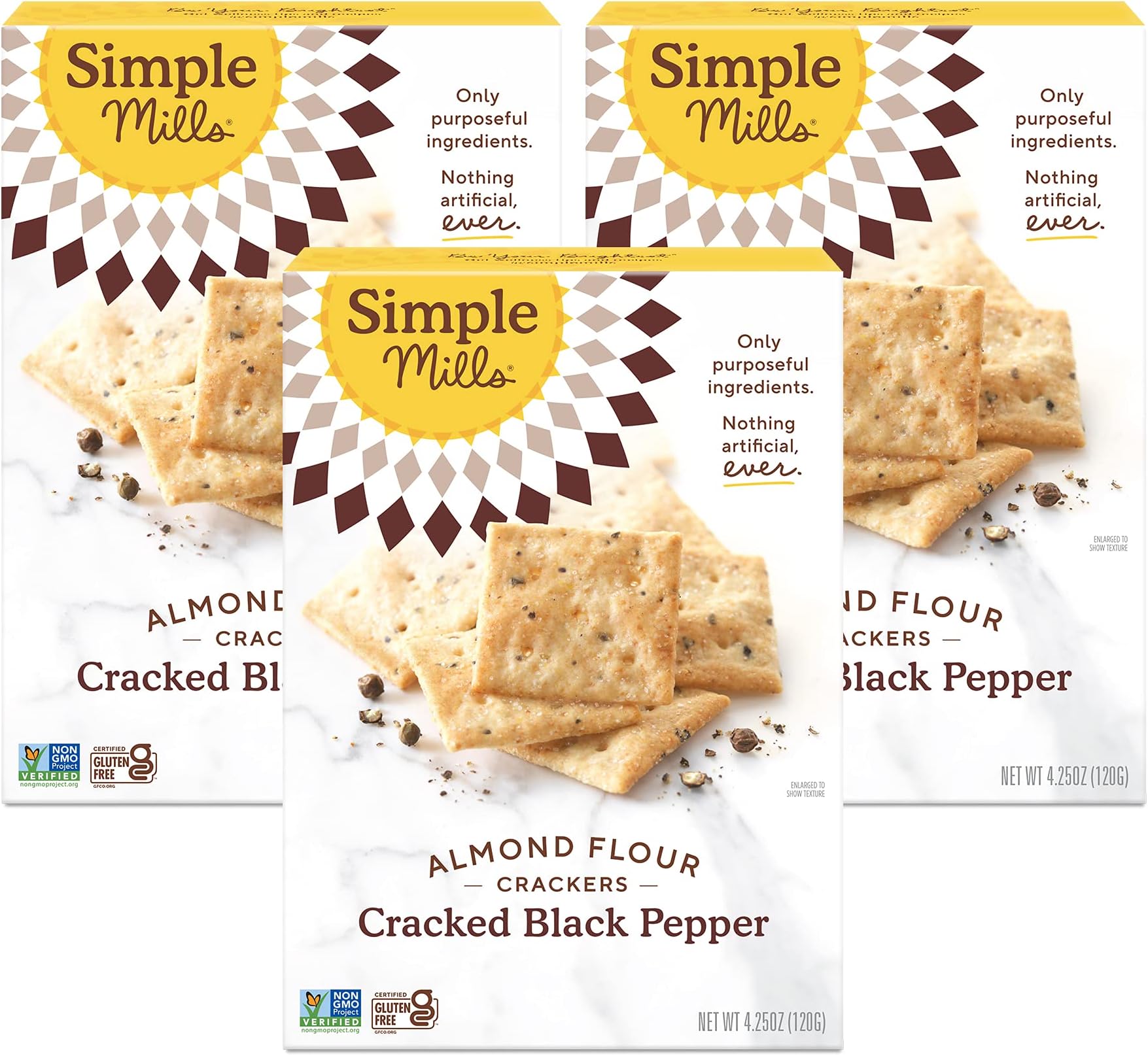 Simple Mills Almond Flour Crackers, Black Cracked Pepper - Gluten Free, Vegan, Healthy Snacks, Plant Based, 4.25 Ounce (Pack of 3)