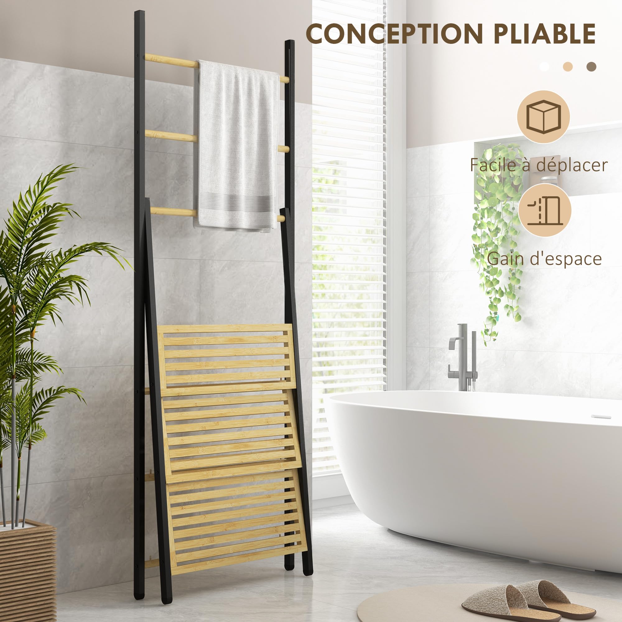Porte-Serviettes Bambou HOMCOM 3 Niveaux Avec Étagère - Pied Sur Pied Salle De Bain Et Buanderie, Finition Bois Naturel