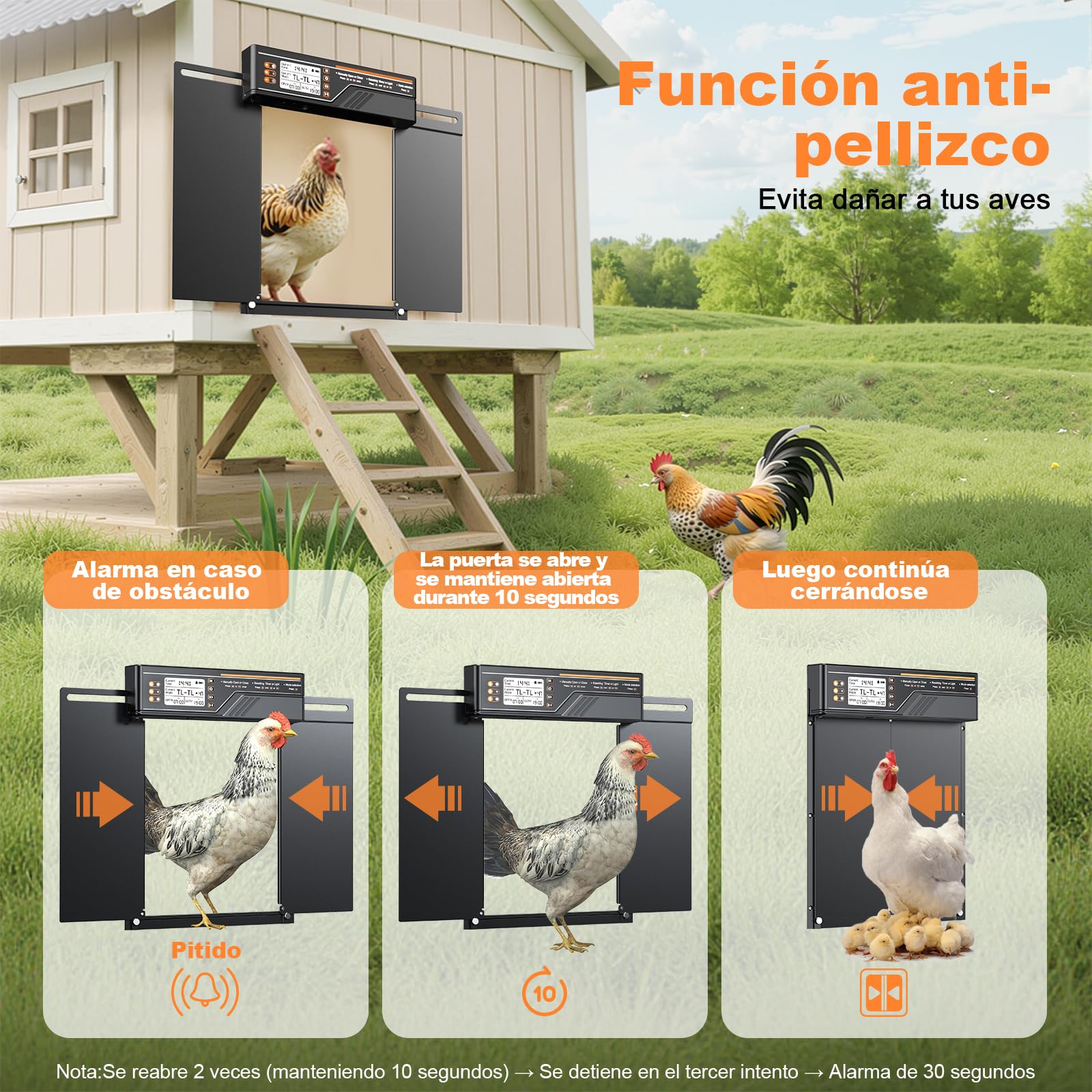 Puerta Automática Grande para Gallinero con Panel Solar de 7W, Puerta Gallinero de Aleación de Aluminio con 4 Modos, Temporizador y Sensor de Luz, Pantalla LCD de Gran Tamaño, con Mando a Distancia