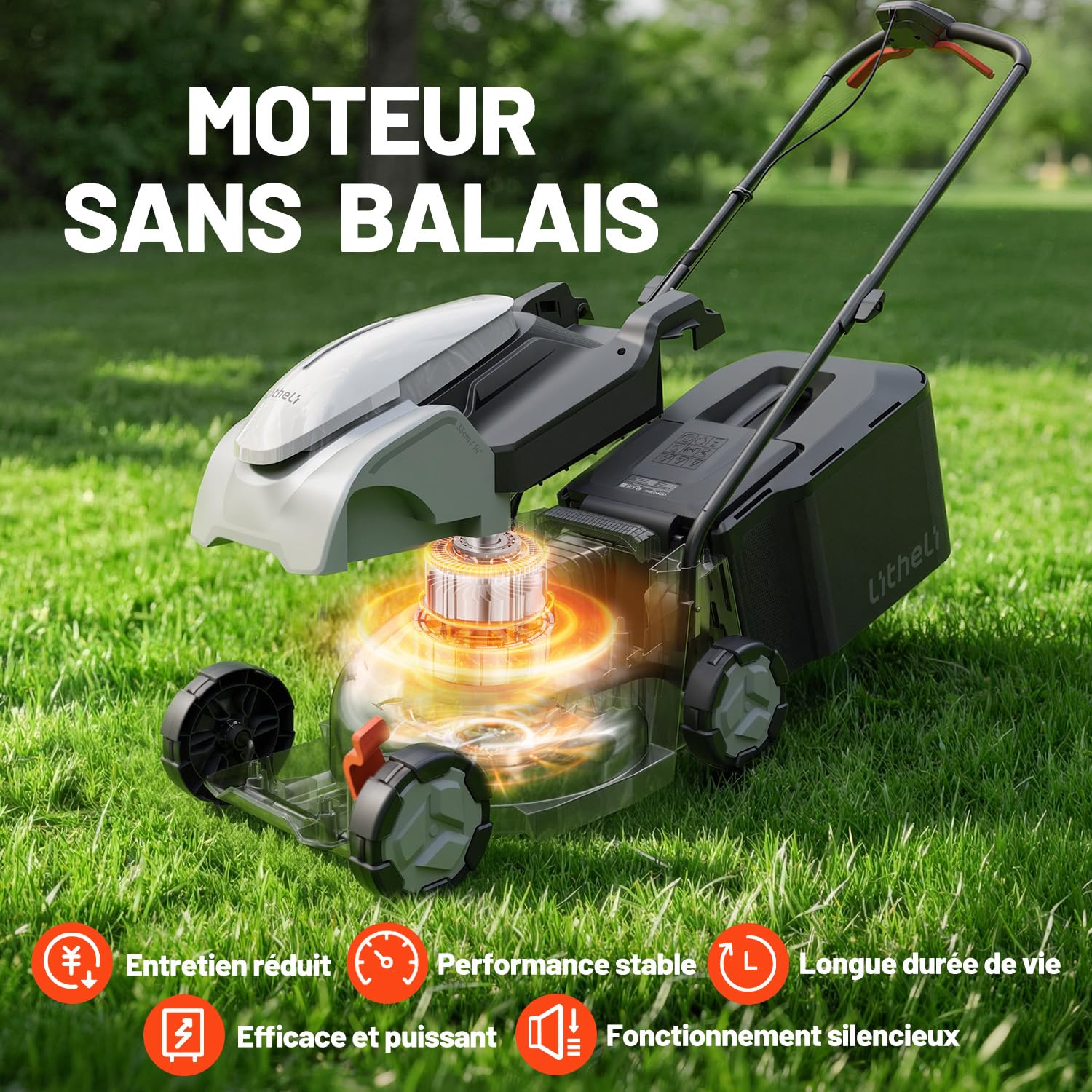 Litheli Tondeuse à Gazon sans Fil 20V 33 cm 5,0Ah Moteur Brushless Hauteur de Coupe Réglable 25–65 mm Bac 35 L