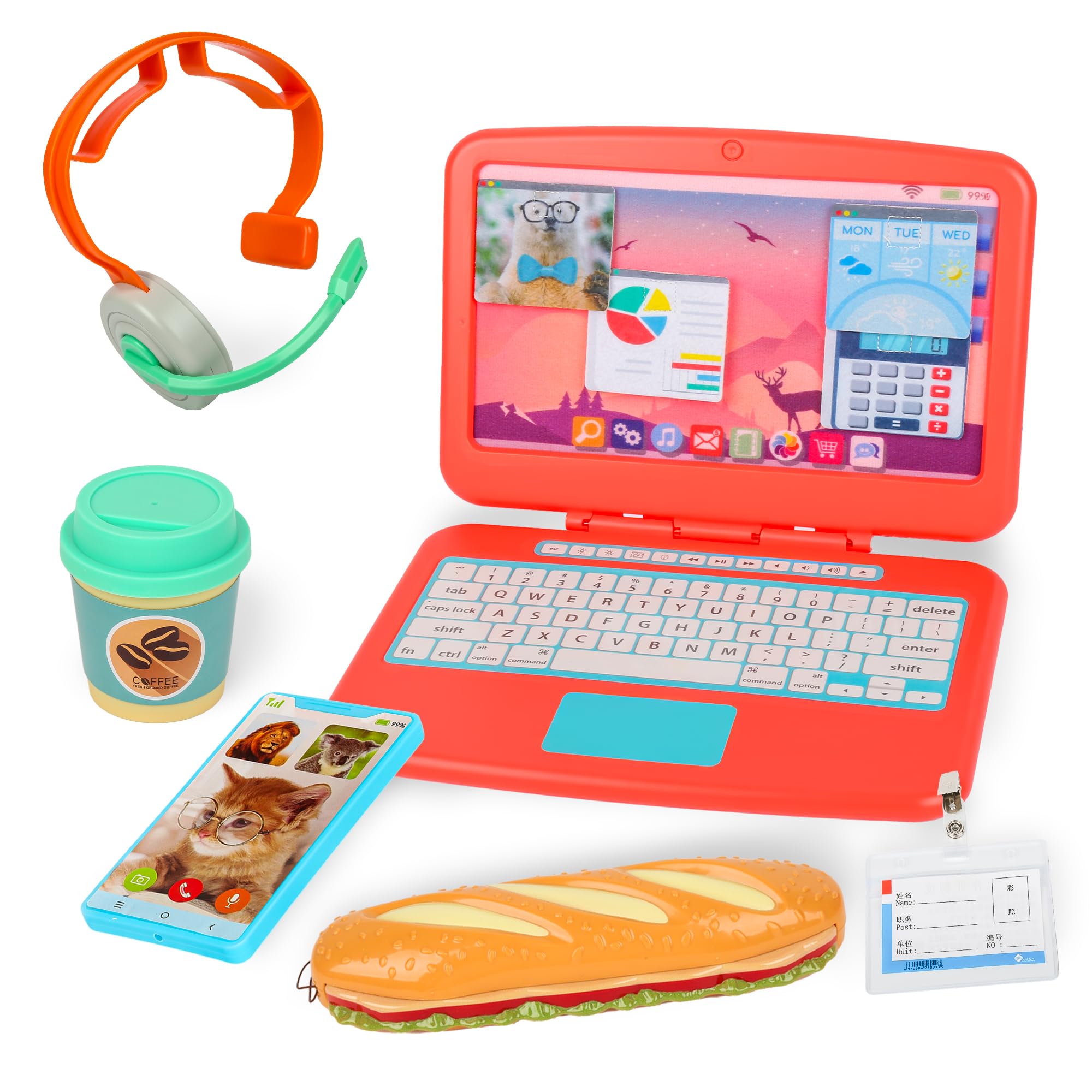 Pretend Play Home Office Set for Kids Ages 3-7, Includes Toy Kids Laptop,Cell Phone,Hamburg Harmonica,Headset & Toddlers Beverage Cup-Pretend Work